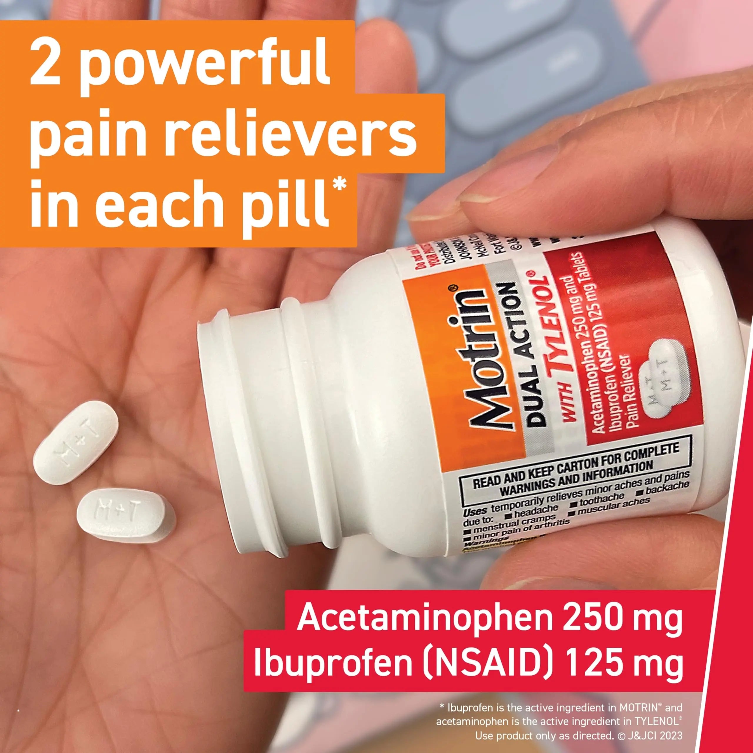 Motrin Dual Action with Tylenol, Ibuprofen & Acetaminophen Fast-Acting Dual Action Pain Reliever for Minor Aches & Pains, Ibuprofen (NSAID) 125 mg & Acetaminophen 250 mg, 120 ct Motrin Au supplements