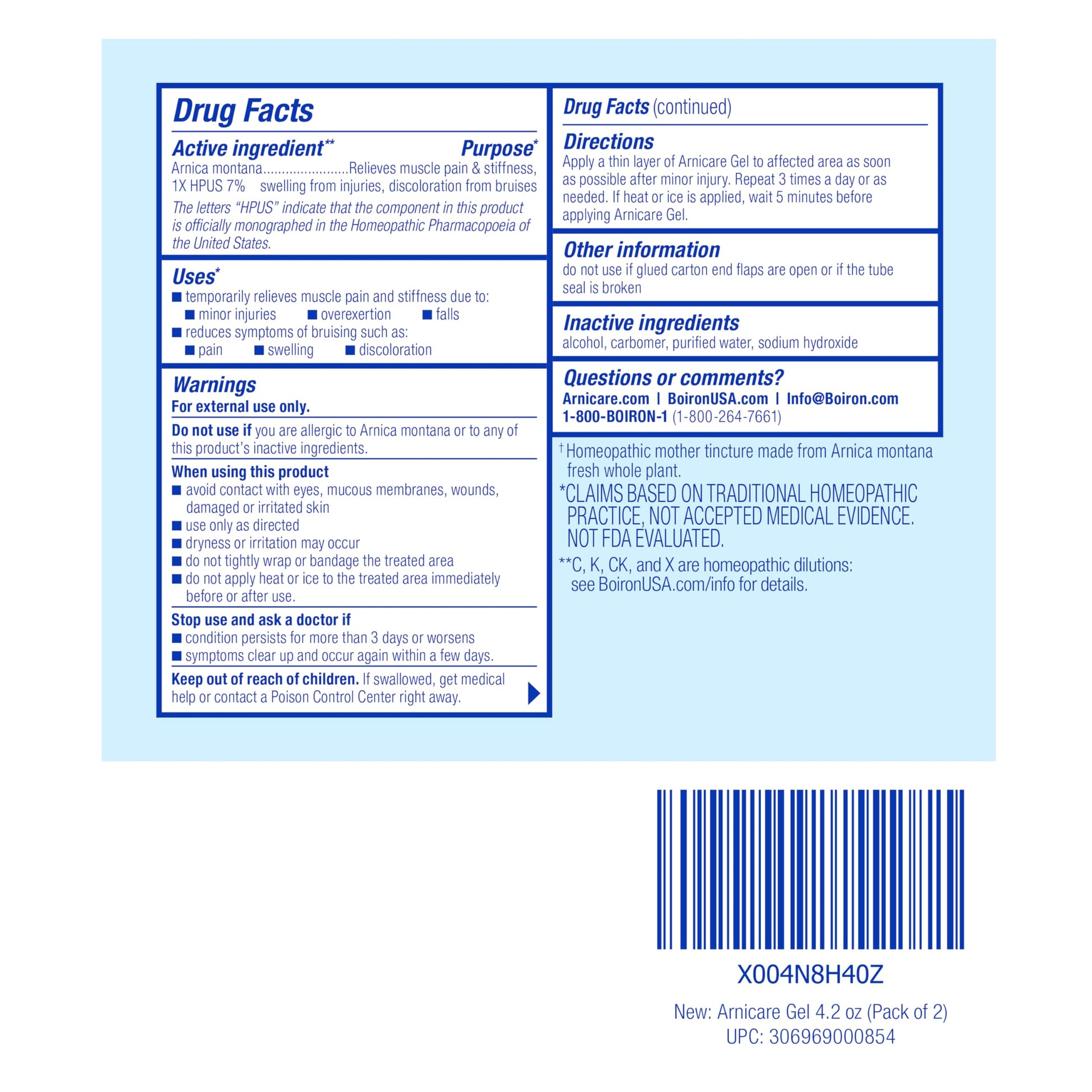 Boiron Arnicare Gel 4.2 oz (Twin Pack) for Joint Pain Relief, Muscle Pain, Muscle Soreness, and Swelling from Bruises or Injury - Non-Greasy and Fragrance-Free Arnica Boiron Au supplements