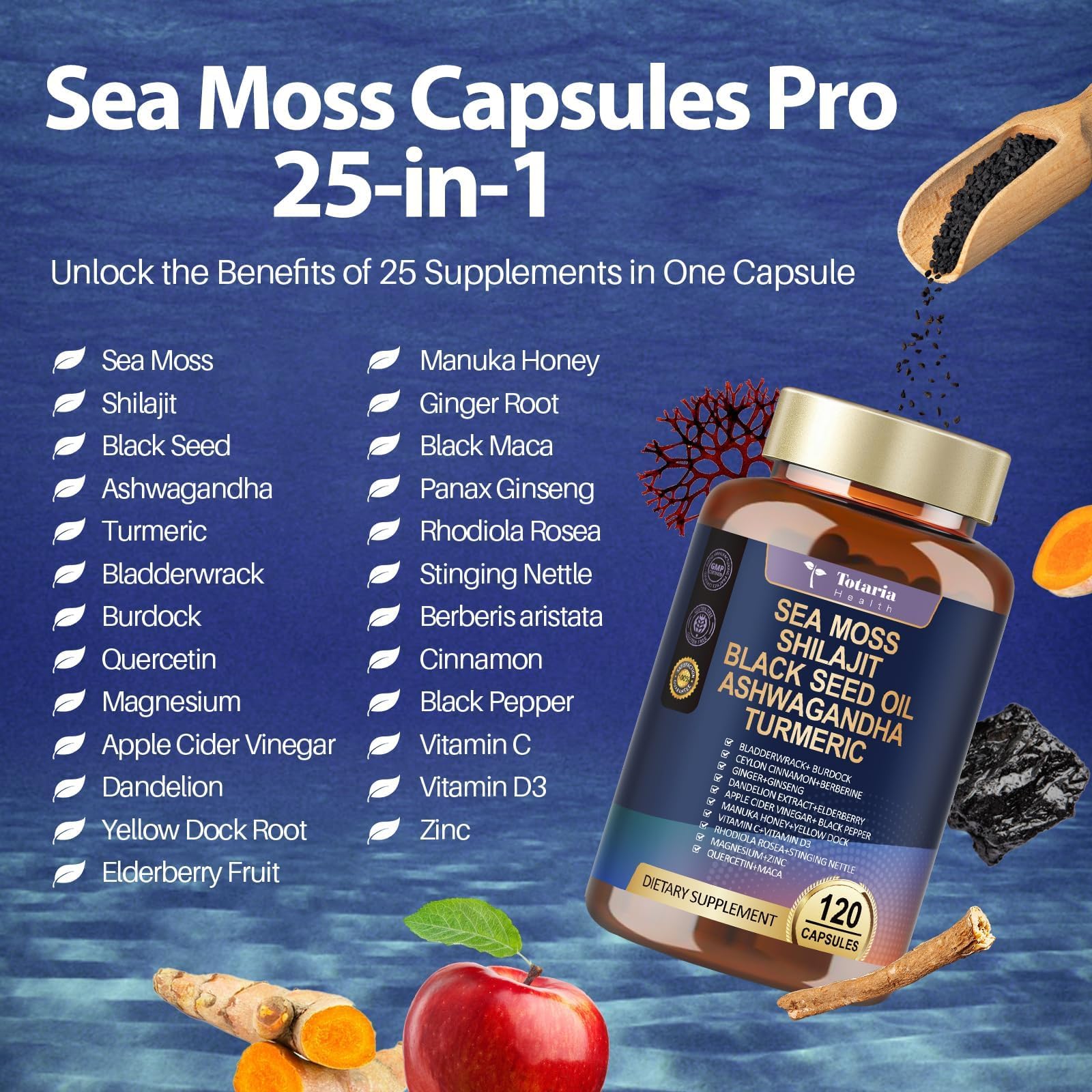 25-in-1 Sea Moss Black Seed Oil Ashwagandha Ginger Shilajit Supplement, Sea Moss Capsules Pro with Bladder Burdock Ceylon Cinnamon Berberine ACV Manuka VIT C & D3 for Men Women, 120 Vegan Caps Totaria Au supplements