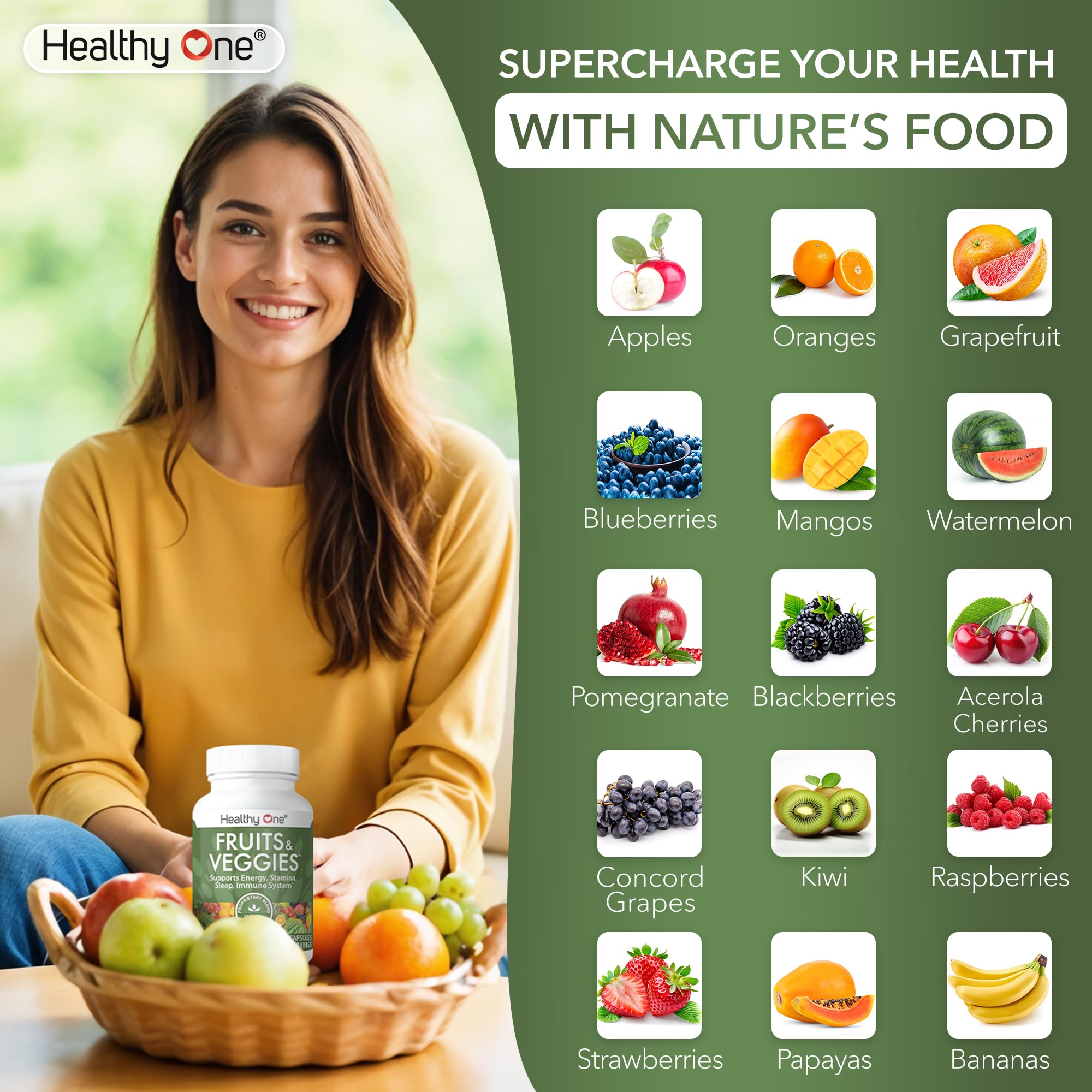 Fruits & Veggies Formula - 27 Premium Whole Foods - Organic Ingredients - Equals 3 Servings of Fruits & Vegetables - Improve Energy, Focus & Immune Function - Fiber - Antioxidants - 150ct (75 Serv) Healthy One Au supplements