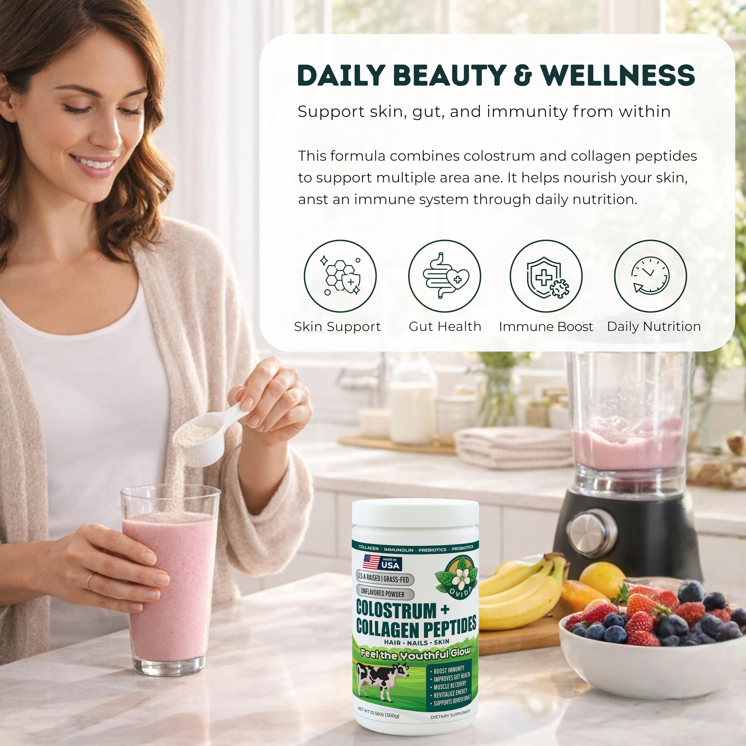 Bovine Colostrum and Hydrolyzed Collagen Peptides Powder Supplement for Women & Men - Supports Gut Health, Joint & Bone Health, Hair Skin Nails - Grass-Fed, Non-GMO, Gluten Free, 300g (30 Servings) OVIDA Au supplements