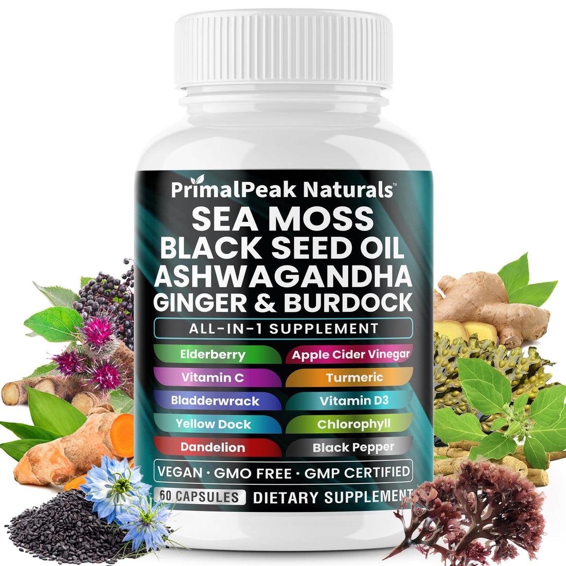 PrimalPeak Naturals Sea Moss Black Seed Oil Ashwagandha Ginger Burdock Bladderwrack Turmeric & Vitamin C Vitamin D3 with ACV Elderberry Chlorophyll Dandelion Yellow Dock Vegan Capsules - 60 Count PrimalPeak Naturals Au supplements