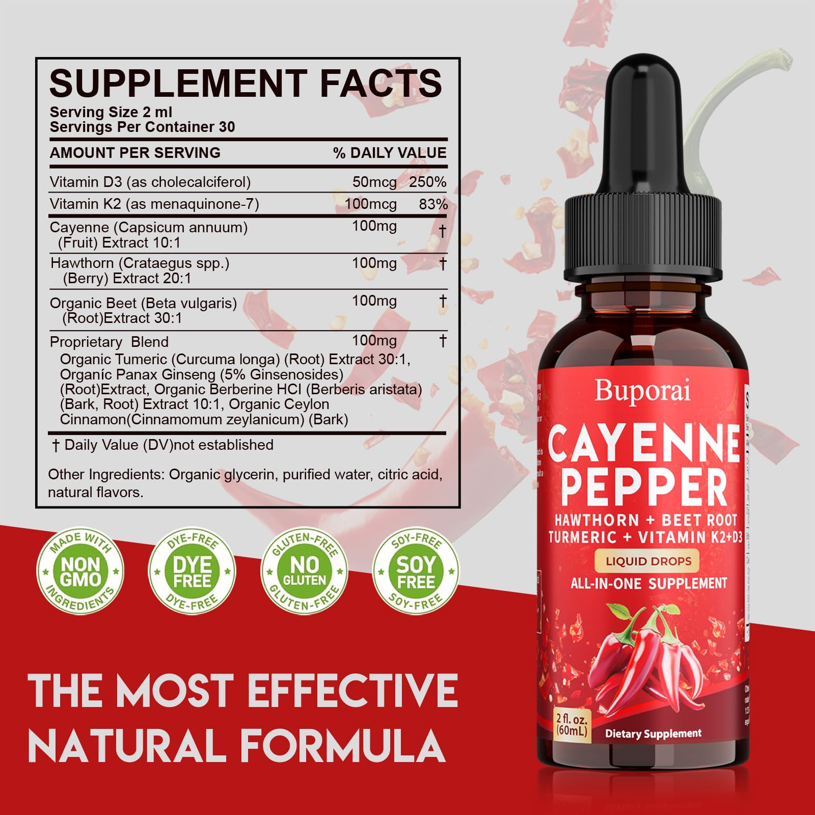 Buporai Cayenne Pepper Drops, Cayenne Pepper Extract Liquid Supplement for Overall Well-Being, 2 fl oz, Vitamin D3 K2 Beet Root Powder Buporai Au supplements
