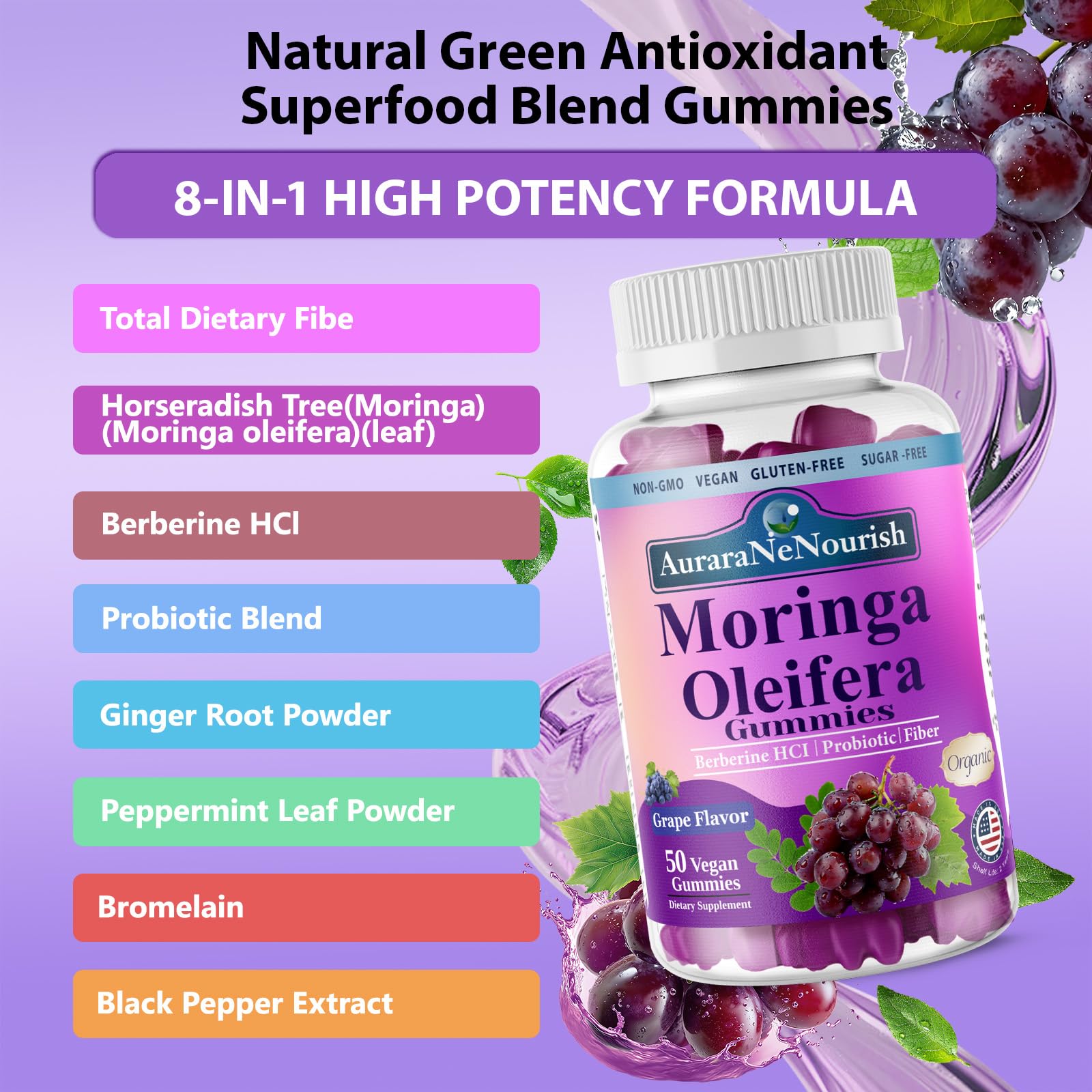 AuraraNeNourish Organic Moringa Oleifera Gummies for Women & Men, 8-in-1 Superfood Blend w. Berberine HCl & Moringa Leaf Extract for GLP-1 Support & Energy Immune Joint & Gut Health Sugar-Free AuraraNeNourish Au supplements