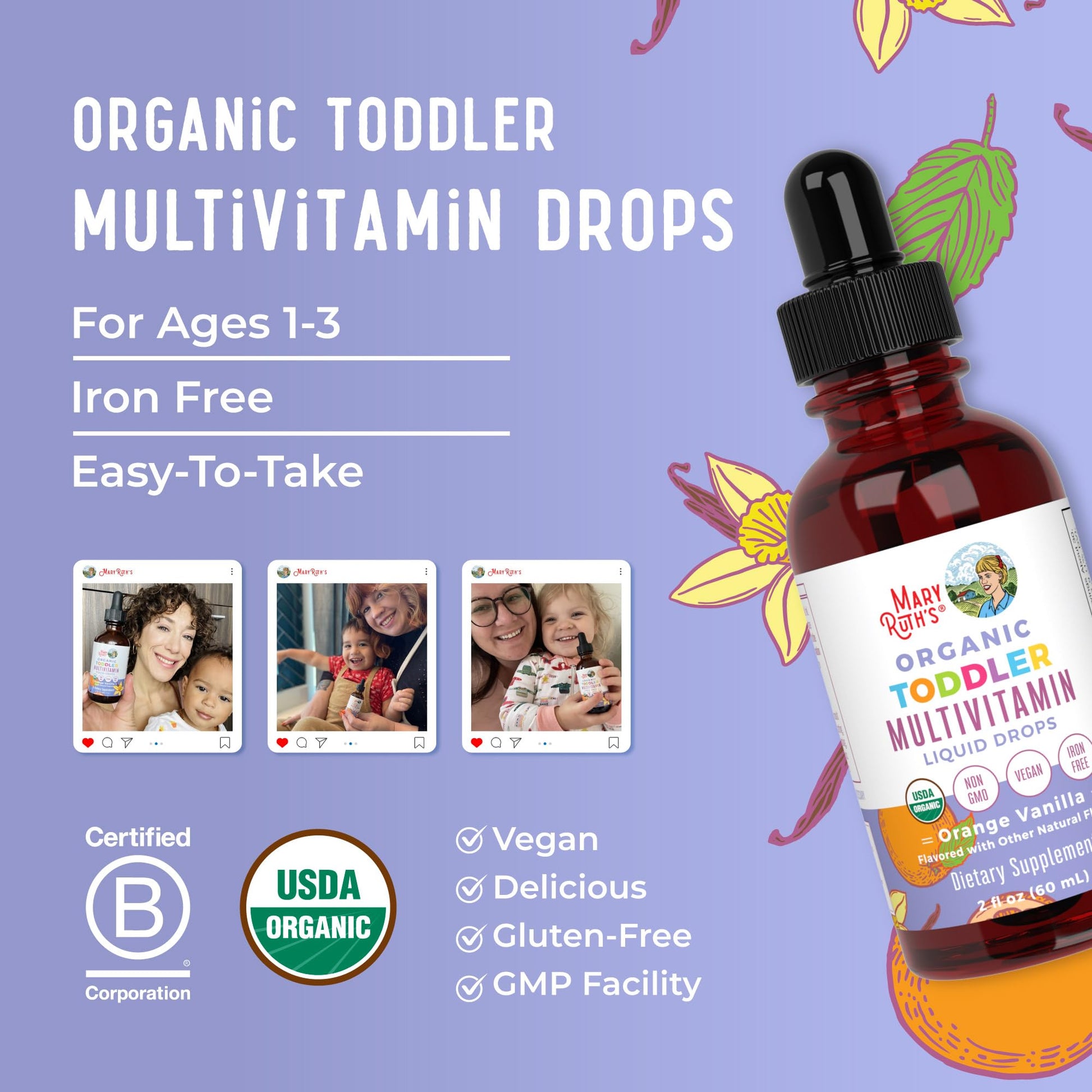 MaryRuth's Toddler Multivitamin | Vitamin A C D E B6 B12 Zinc | Healthy Growth Support | Immunity | Bone Health | Cognitive Function | Organic | Sugar Free | Vegan | Non-GMO | 2 Fl Oz | 30 Day Supply MARYRUTH'S Au supplements