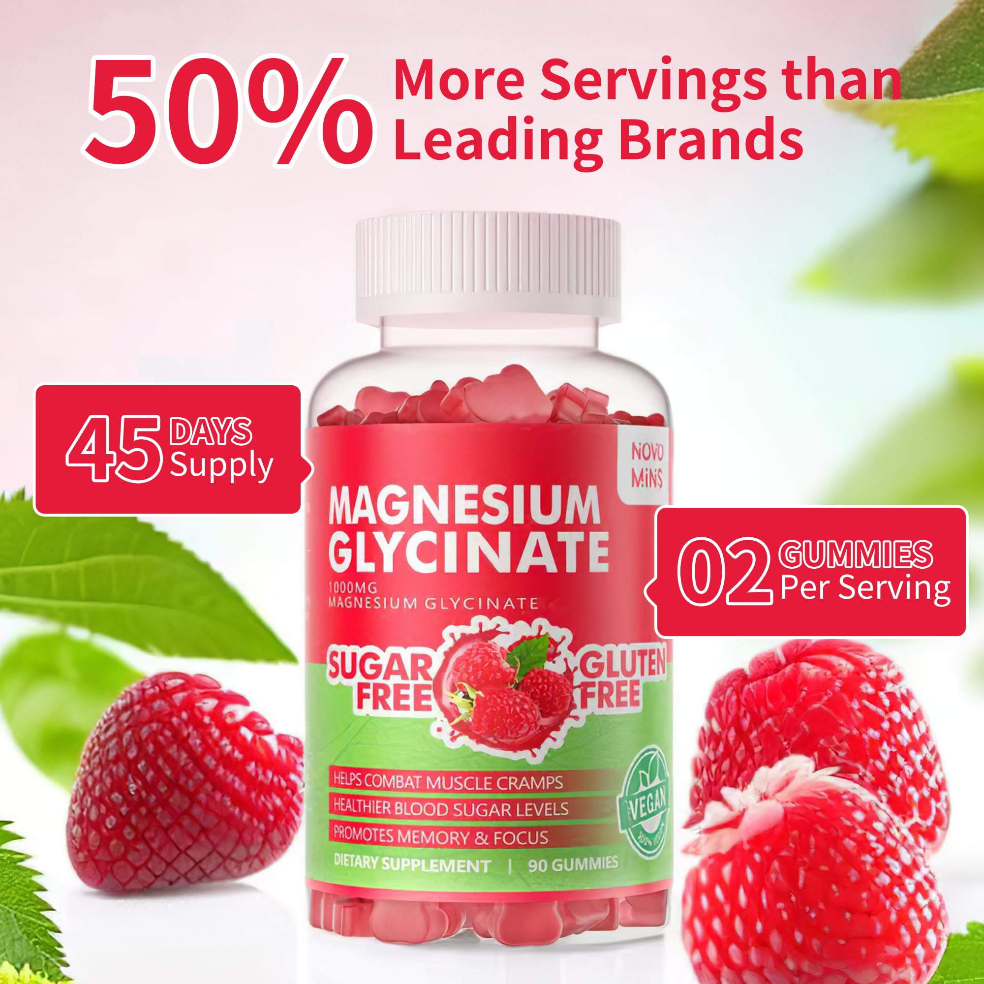 90 CT Magnesium Glycinate Gummies 1000mg - Sugar Free Magnesium Potassium Supplement with Vitamin D, B6, CoQ10 for Calm Mood & Sleep Support - 90 Raspberry Gummies novomins Au supplements