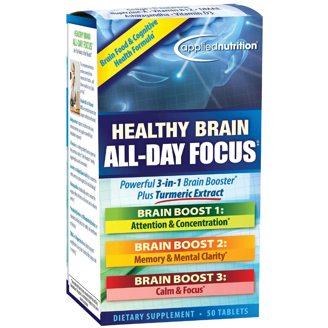 Applied Nutrition Healthy Brain All-Day Focus - 50 Tablets - Powerful 3-in-1 Brain Booster with Turmeric Extract - 25 Servings Applied Nutrition uk supplements