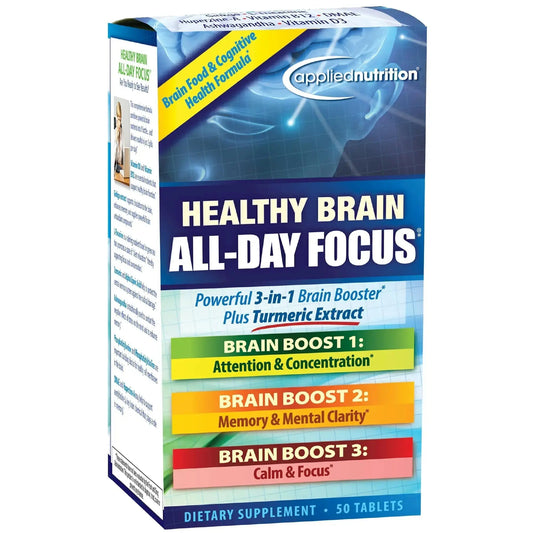 Applied Nutrition Healthy Brain All-Day Focus - 50 Tablets - Powerful 3-in-1 Brain Booster with Turmeric Extract - 25 Servings Applied NutritionAU supplements