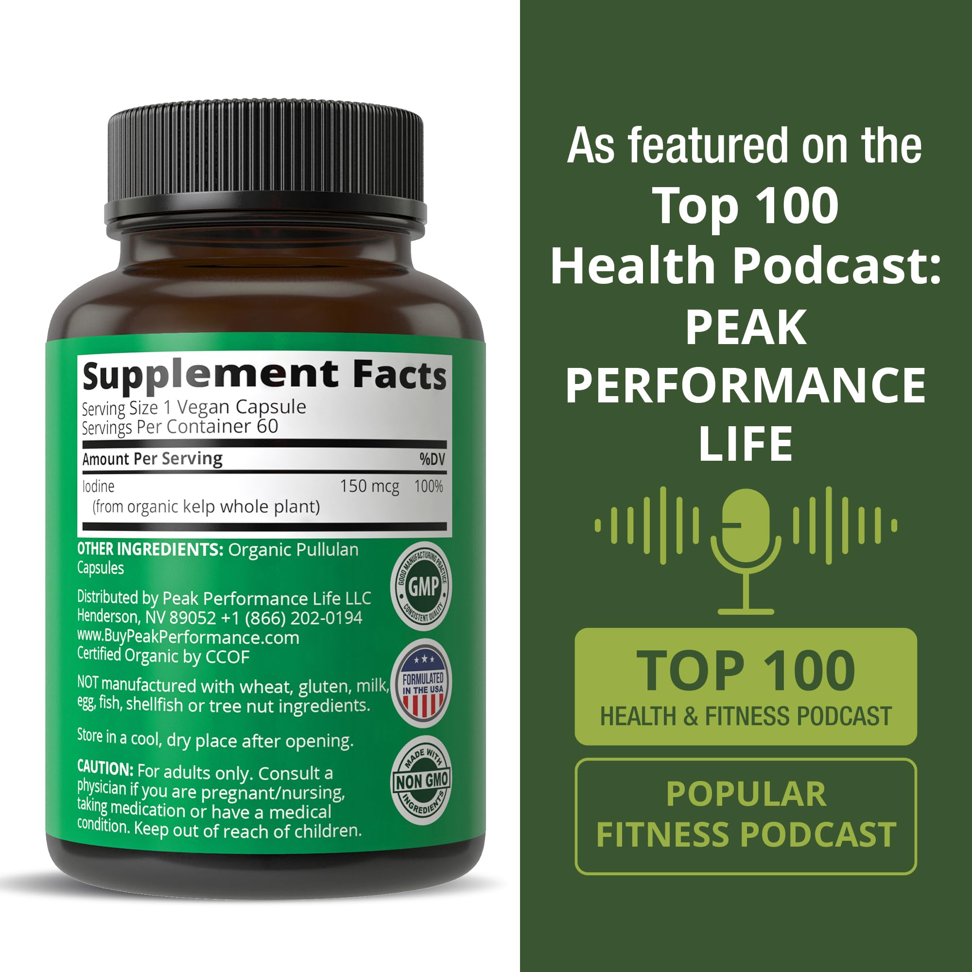 USDA Organic Raw Whole Food Iodine Supplement from Kelp (Ascophyllum Nodosum) - Potassium Iodide Tablets Alternative - for Thyroid, Energy, and Immune Support - 60 Vegan Capsules by Peak Performance Peak Performance Au supplements