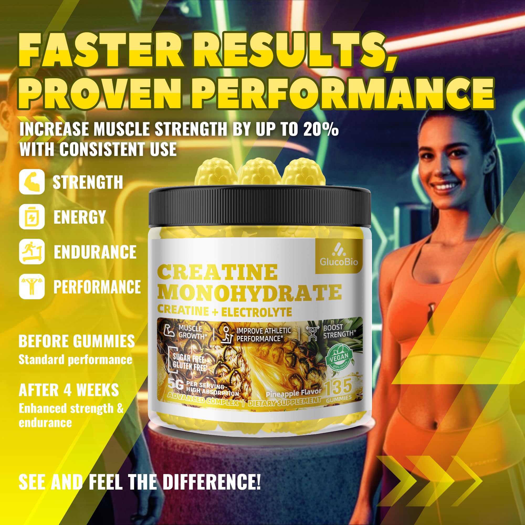 GlucoBio Creatine Monohydrate Gummies (5g) – Pre-Workout Energy & Muscle Growth Support for Men & Women | Pineapple Electrolyte Gummies (135 Count) GlucoBio Au supplements
