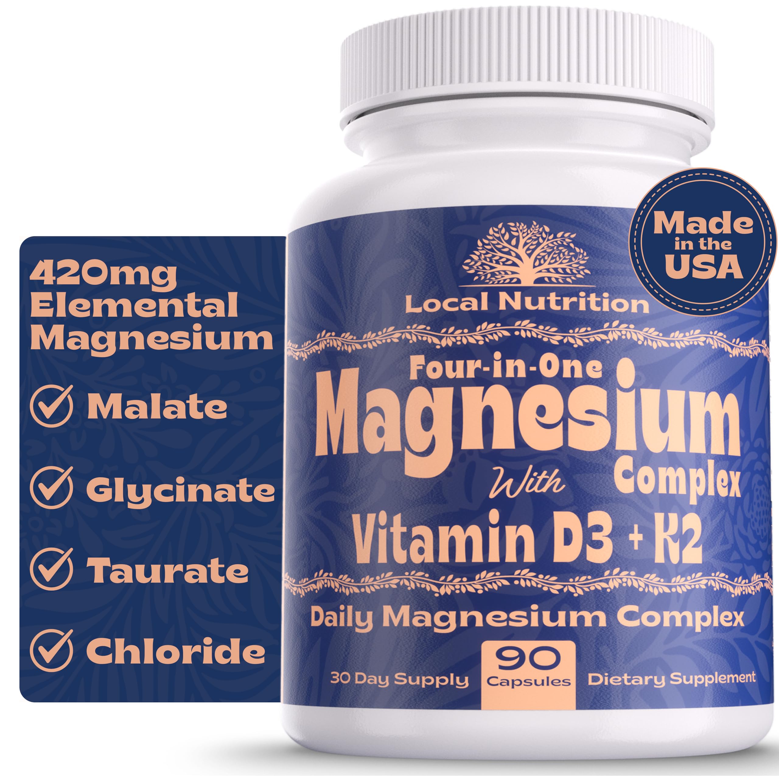 Local Nutrition Magnesium Complex 420mg with Vitamin D3 K2 - Four Bioavailable Forms Including Bisglycinate (Glycinate), Malate, Taurate, and Chloride for Superior Absorption - 90 Capsules Made in USA Local Nutrition Au supplements