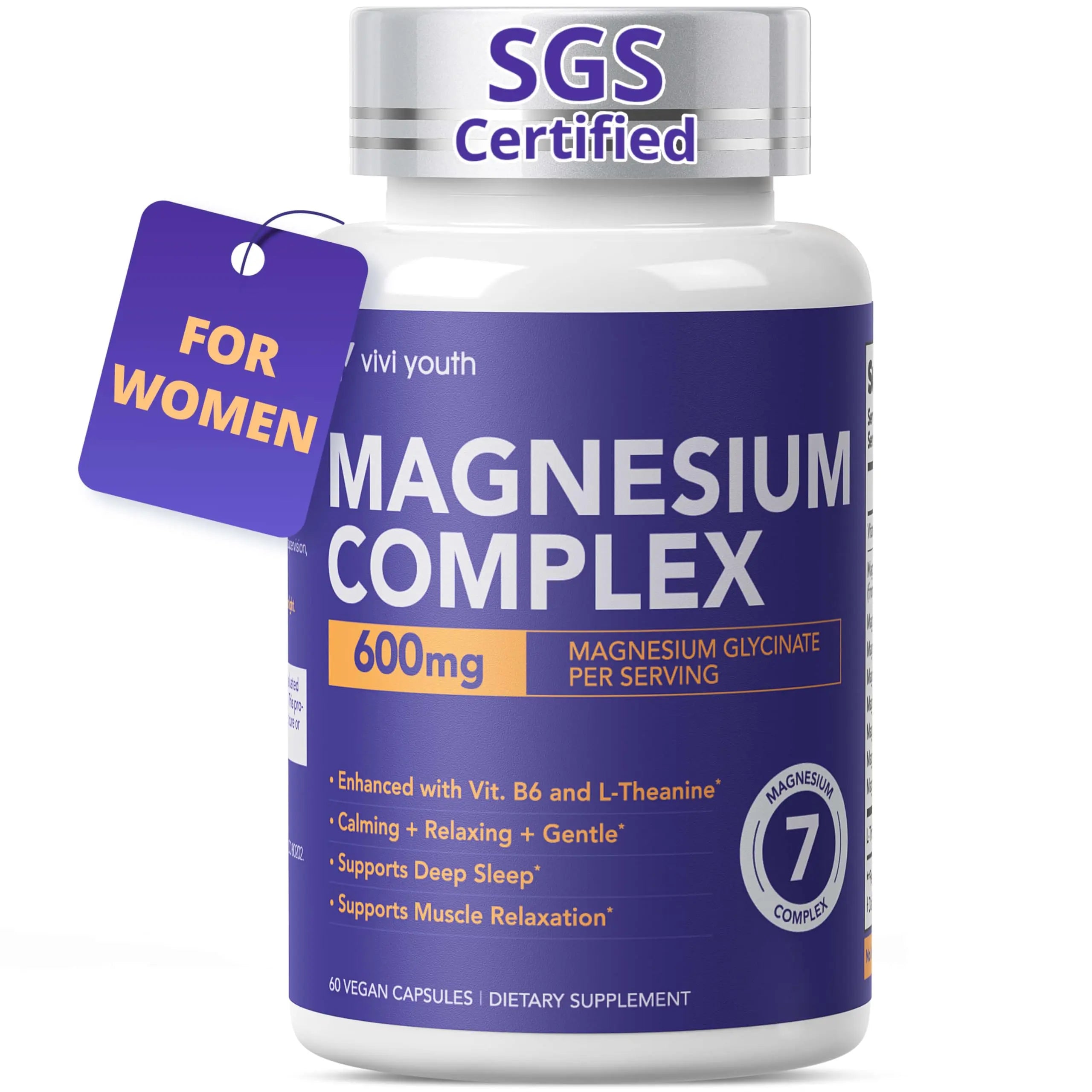 Magnesium 7 Complex for Women 1600mg, Magnesium Glycinate 600mg 7 High Absorption Magnesium Supplement with Citrate, Malate, Chelate, Taurate, Gluconate, Aspartate & Ascorbate for Sleep, 60 Capsules VIVI Youth Au supplements