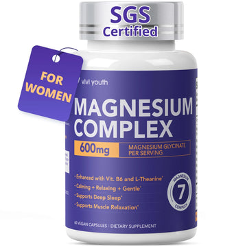 Magnesium 7 Complex for Women 1600mg, Magnesium Glycinate 600mg 7 High Absorption Magnesium Supplement with Citrate, Malate, Chelate, Taurate, Gluconate, Aspartate & Ascorbate for Sleep, 60 Capsules VIVI Youth Au supplements