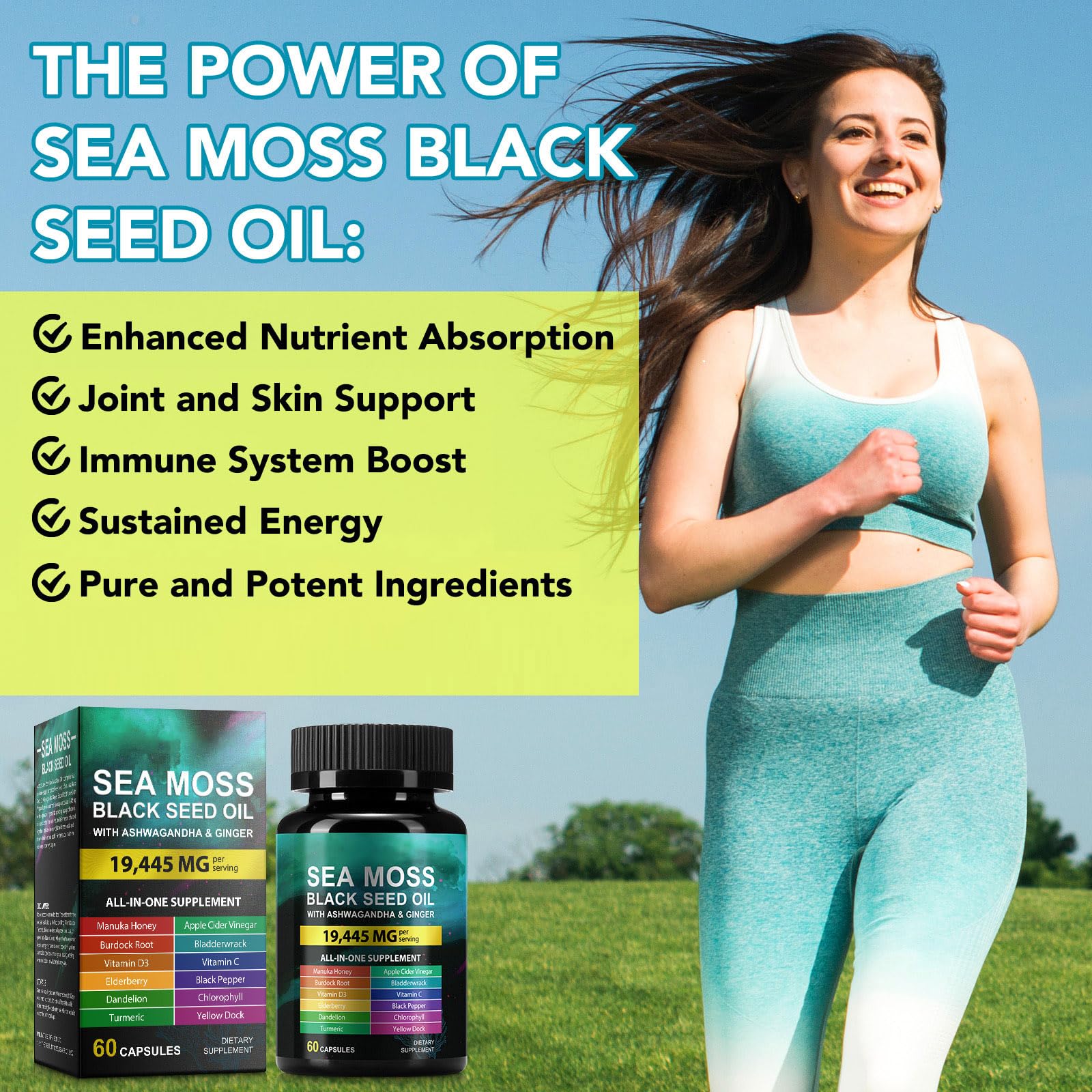Sea Moss Black Seed Oil Ashwagandha Ginger, Sea Moss Capsule Supplement with Turmeric Burdock Root Bladderwrack Vitamin C Vitamin D3 Enhanced Immunity & Energy Black Seed Oil Capsule 60 Count HUYEHF Au supplements