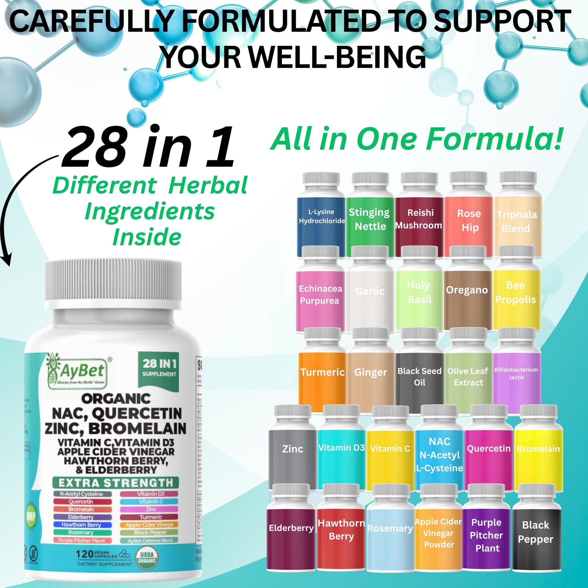 NAC-n-acetyl cysteine- Quercetin Zinc Bromelain Supplement | Extra Strength with Vit C, D3, Apple Cider Vinegar, Elderberry, Hawthorn Berry, Turmeric | Immune Support|120 Vegan Capsules | USDA Organic AyBet Au supplements