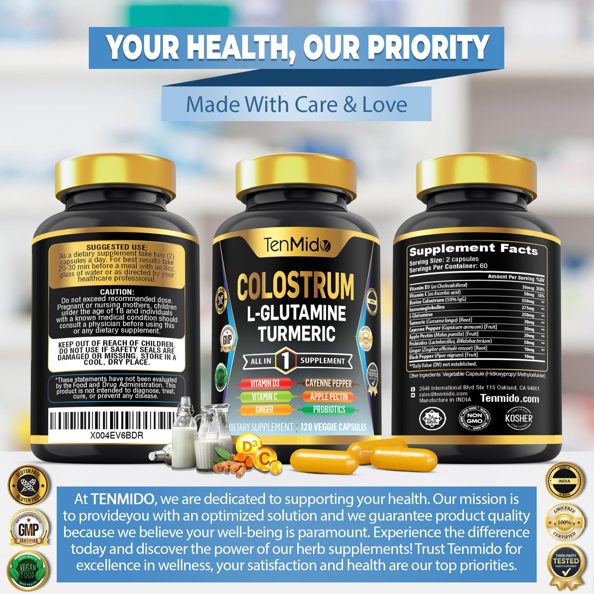 Tenmido Colostrum Supplement - 10in1 Formula - Combine with L- Glutamine, Turmeric, Cayenne Pepper, Apple Pectin, Probiotics, Ginger, and More - Digestive Health, Immune Support - 120 Capsules Tenmido Au supplements