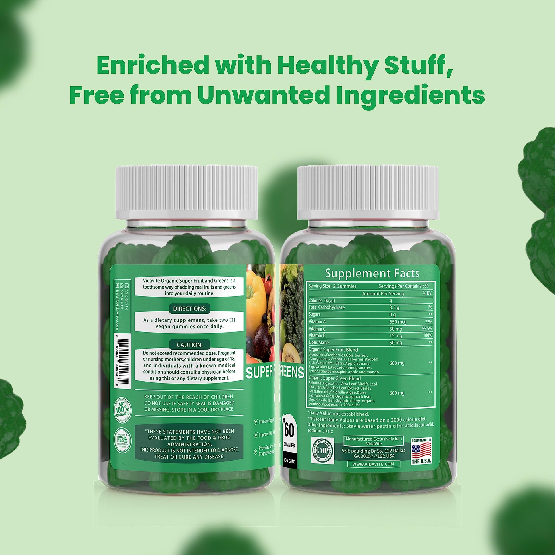 VIDAVITE Sugar-free Super Greens Gummies — US-Made, 35+ Fruit and Veggie gummies to Boost Immunity, Skin & Gut Health — Ideal Fruits and Vegetables Supplement for Adults & Picky Teens (30-Days Supply) VIDAVITE Au supplements