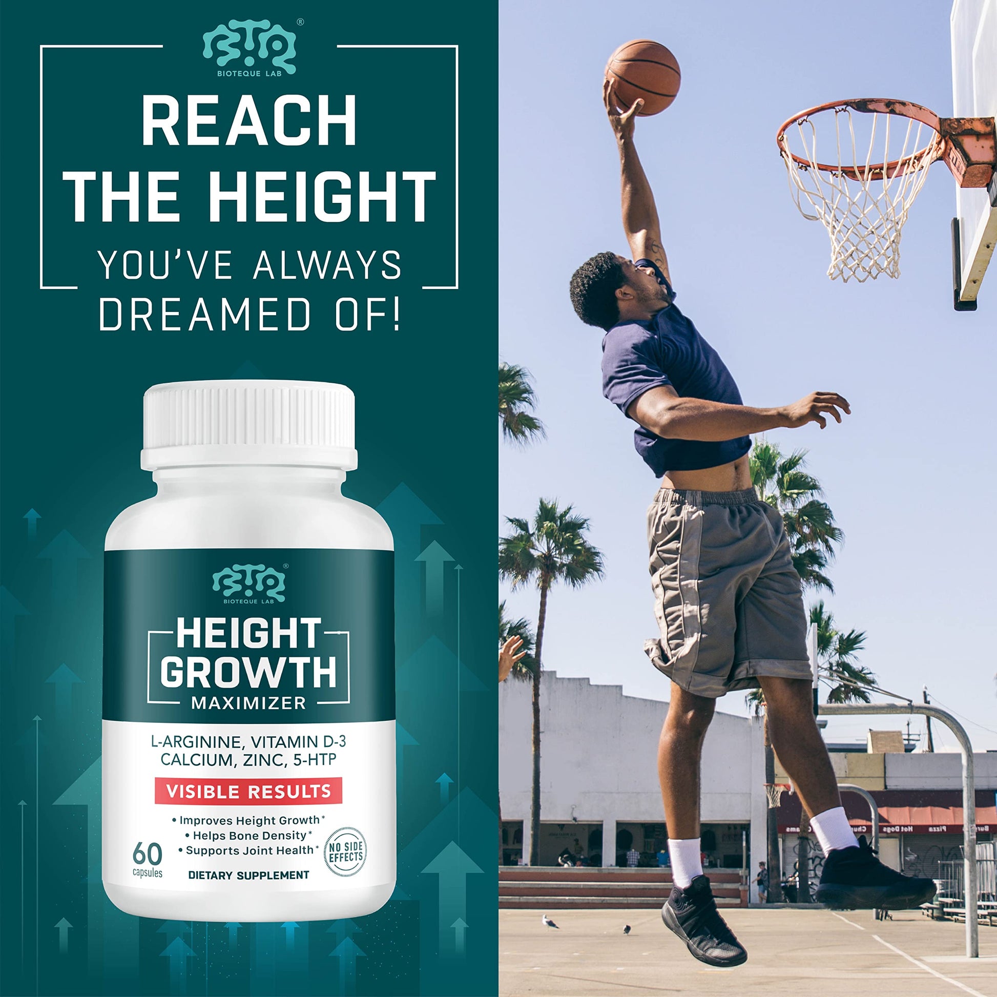 BIOTEQUELAB Height Growth Maximizer, Calcium, Vitamin D3 and Zinc Blend Pills, Bone Growth Supplement for Kids and Teens, Bone Strength, Density Support, GMO-Free, Gluten-Free, Made in USA, 60 Caps BTQ BIOTEQUE LAB Au supplements