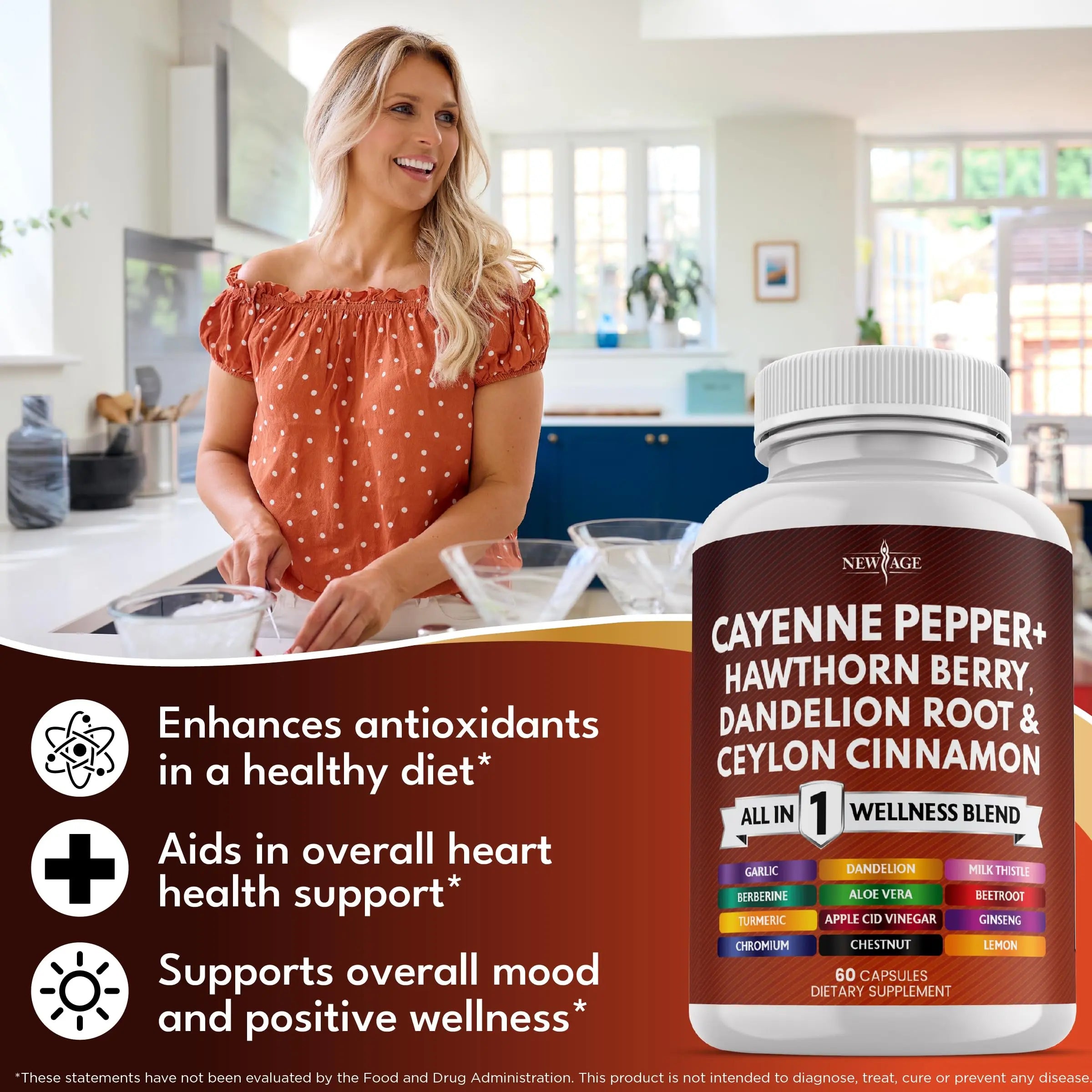 NEW AGE Cayenne Pepper Capsules Supplement with Hawthorn Berry, Dandelion Root, Ceylon Cinnamon, Garlic, Ginger, ACV, Milk Thistle, Beet Root, Aloe Vera - 120 Count NEW AGE Au supplements