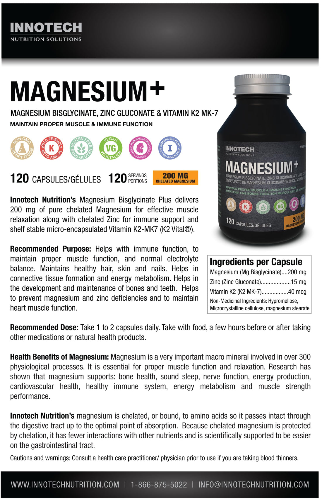 Innotech Nutrition Magnesium Plus Muscle Bone & Sleep Support Magnesium Bisglycinate Zinc & Vitamin K2 120 Vegan Capsules Innotech Nutrition Solutions uk supplements