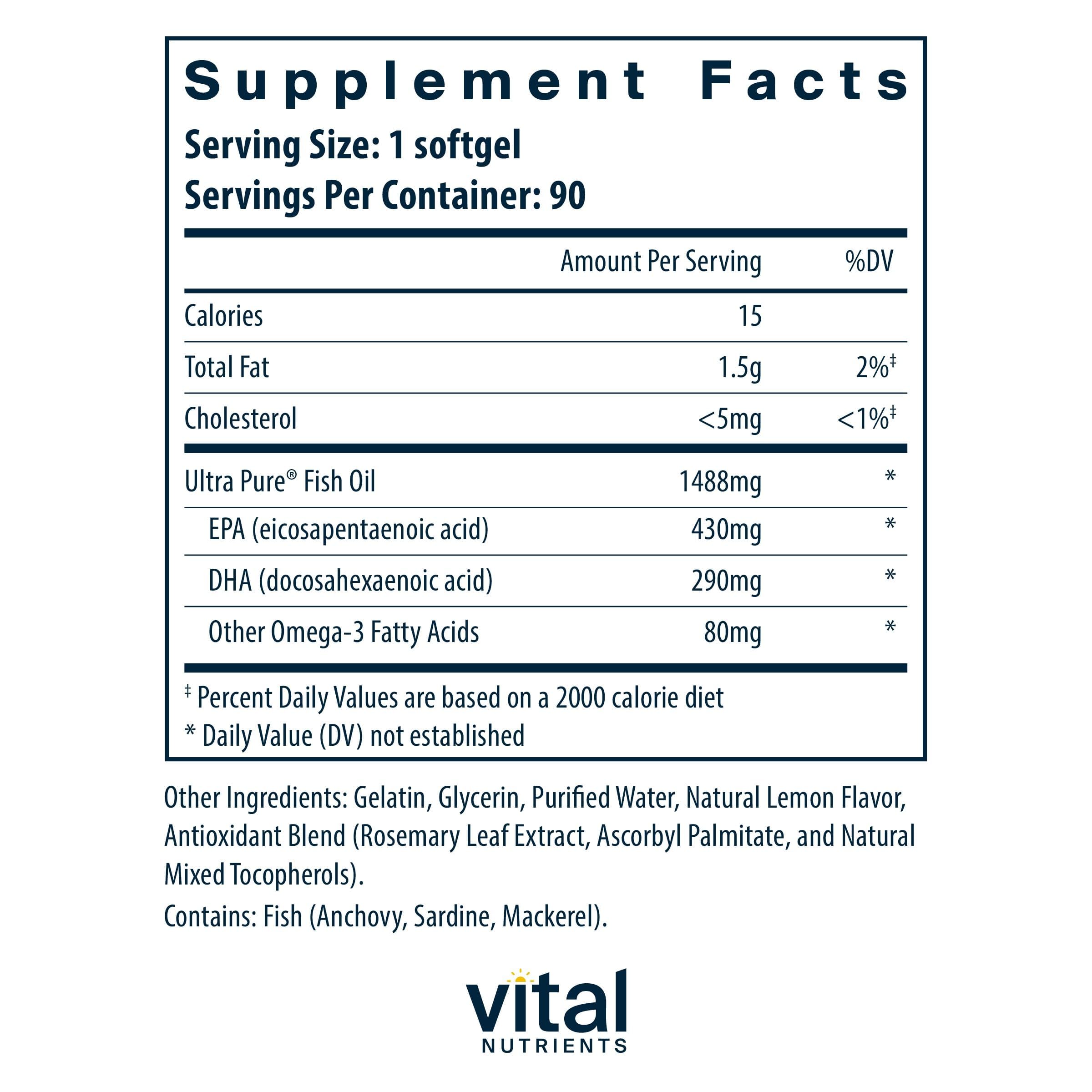 Vital Nutrients Ultra Pure® Fish Oil 800 Triglyceride Form - Heart, Brain, & Immune Health* - Sustainably Sourced High EPA & DHA Omega-3 Fatty Acid - Lemon Flavor - Gluten, Dairy, Soy Free - 90 Count Vital Nutrients Au supplements