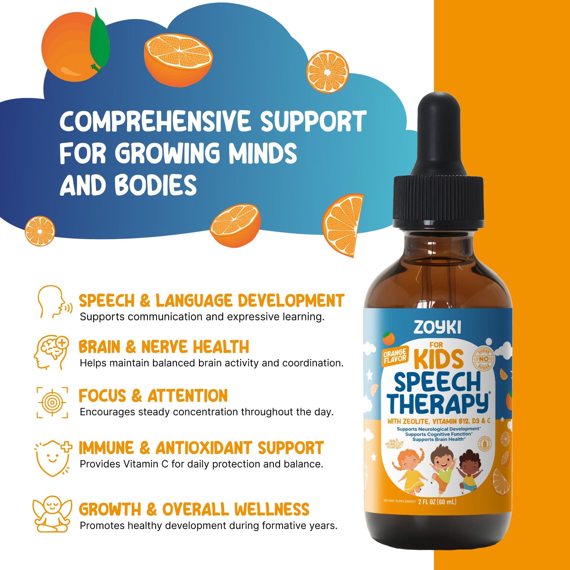 Zoyki Speech Therapy Drops for Kids - Speech Support Supplement for Communication Delay Cognitive Function Language & Brain Development with Zeolite Vitamins B12 D3 C - Sugar Free Gluten-Free Vegan Zoyki Au supplements