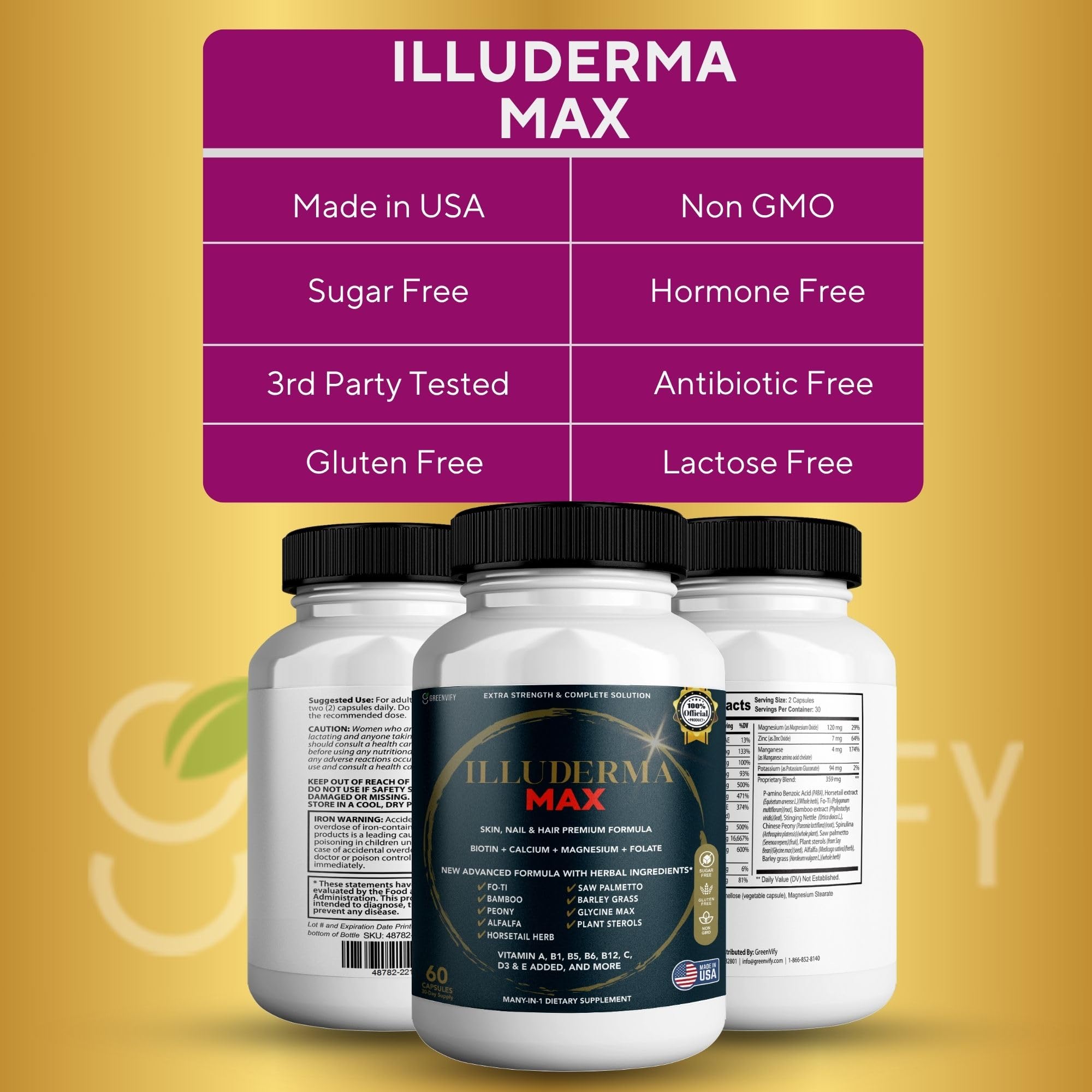 GREENVIFY Illuderma Max Hair, Skin and Nail Supplement, 60 Capsules, with Biotin 5000mcg, Vitamins and Herbal Blend (1) GREENVIFY Au supplements