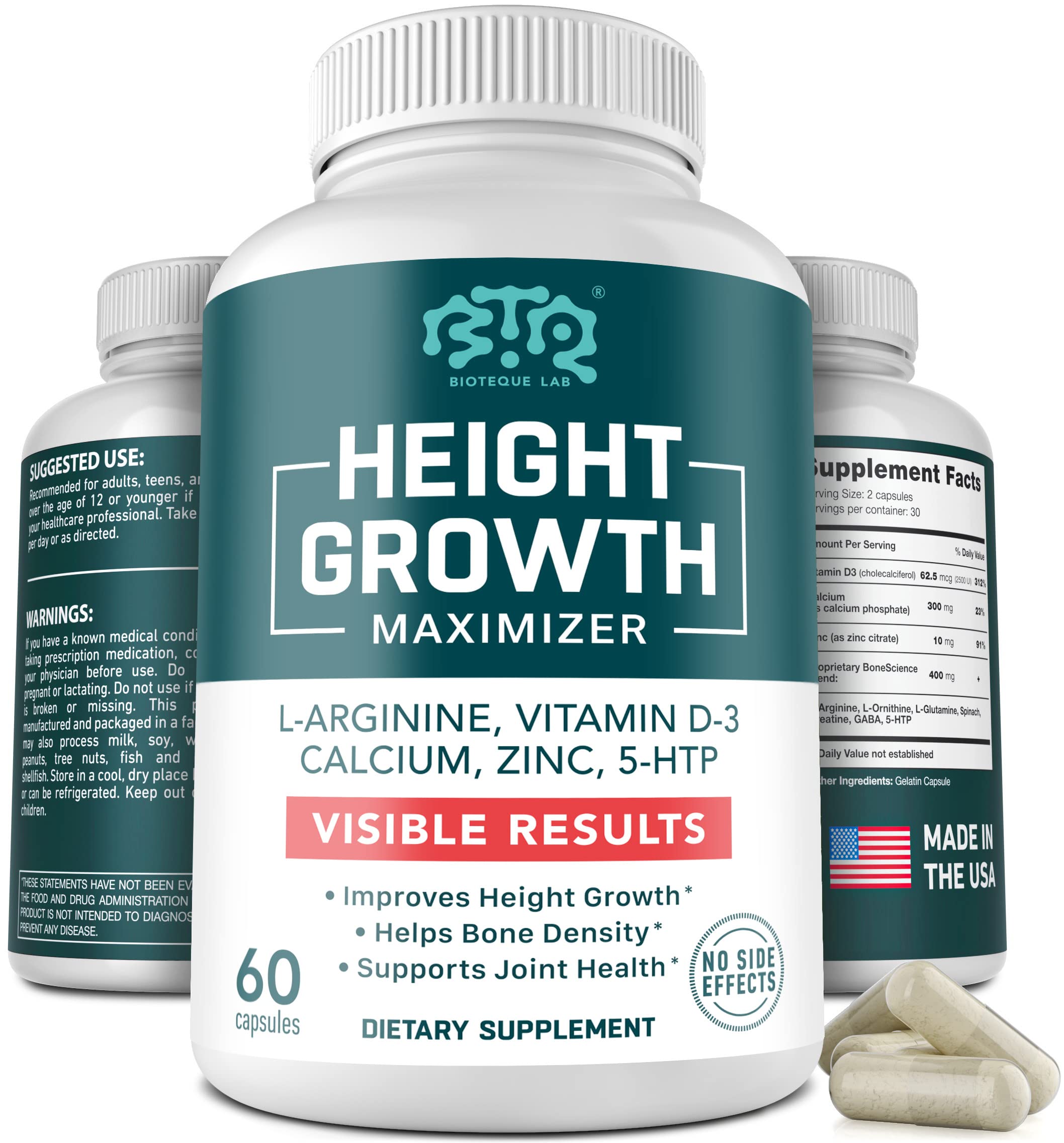BIOTEQUELAB Height Growth Maximizer, Calcium, Vitamin D3 and Zinc Blend Pills, Bone Growth Supplement for Kids and Teens, Bone Strength, Density Support, GMO-Free, Gluten-Free, Made in USA, 60 Caps BTQ BIOTEQUE LAB Au supplements