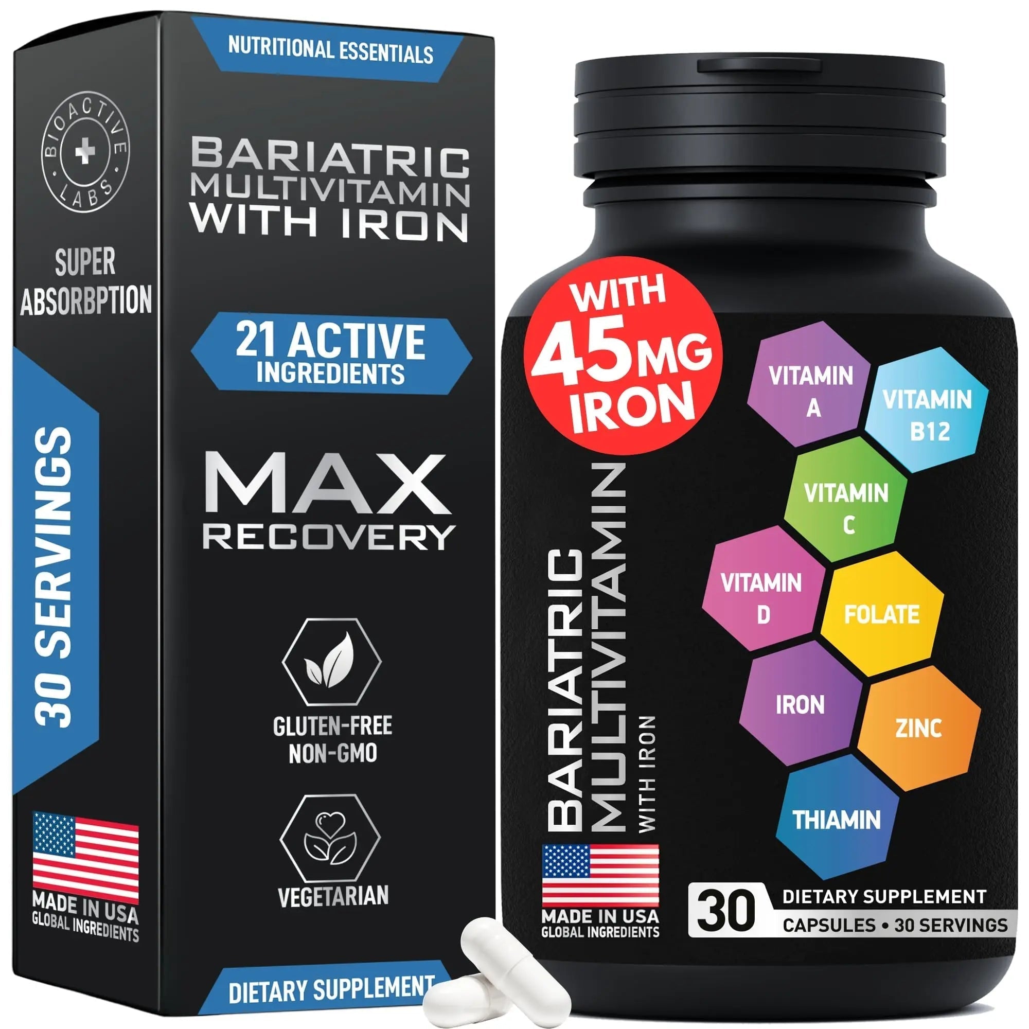 Bariatric Multivitamin with Iron 45mg for Women & Men - 21-in-1 Essential Post Gastric Bypass and Gastric Sleeve Vitamins A,C,D,E, B Complex BIOACTIVE LABS Au supplements