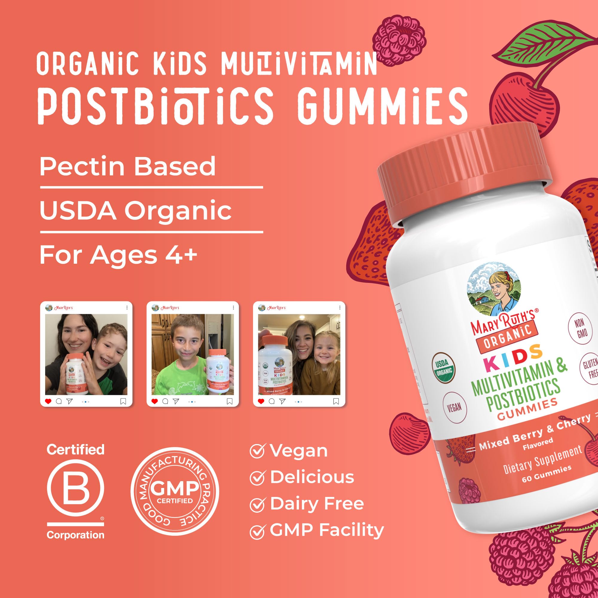 Kids Vitamins by MaryRuth's | USDA Organic | Multivitamin Gummies + Postbiotics for Ages 4+ | Multivitamin for Kids with Lactobacillus Rhamnosus | Children’s Vitamins | Vegan | Non-GMO | 60 Count MARYRUTH'S Au supplements