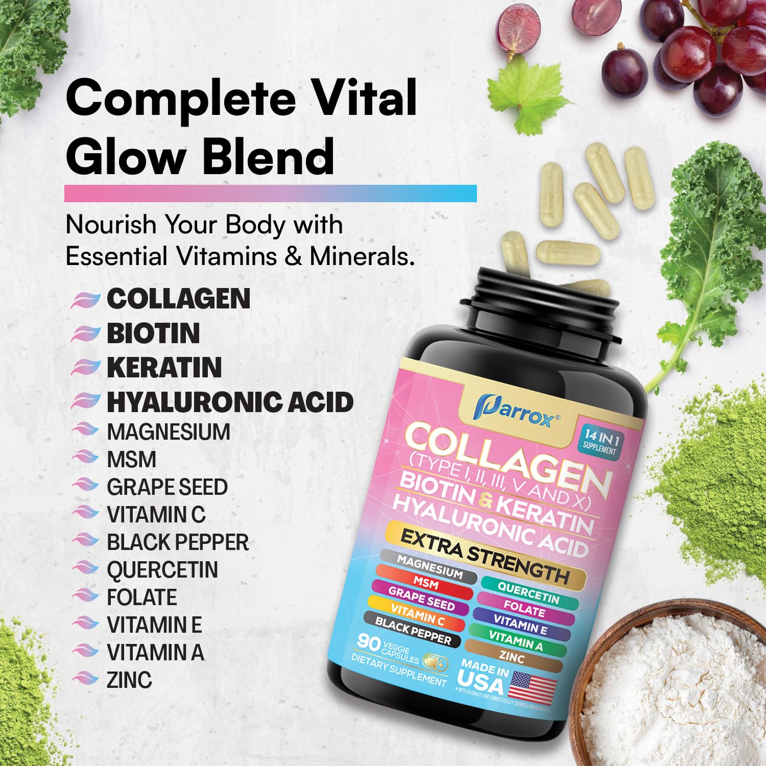 Parrox Collagen Peptides Types I, II, III, V & X, MCG Biotin, Keratin, Hyaluronic Acid, MSM, Zinc, Grape Seed Extract, Quercetin, Vitamin A, Vitamin C, Vitamin E, Magnesium, Folic Acid (90 Capsules) Parrox Au supplements