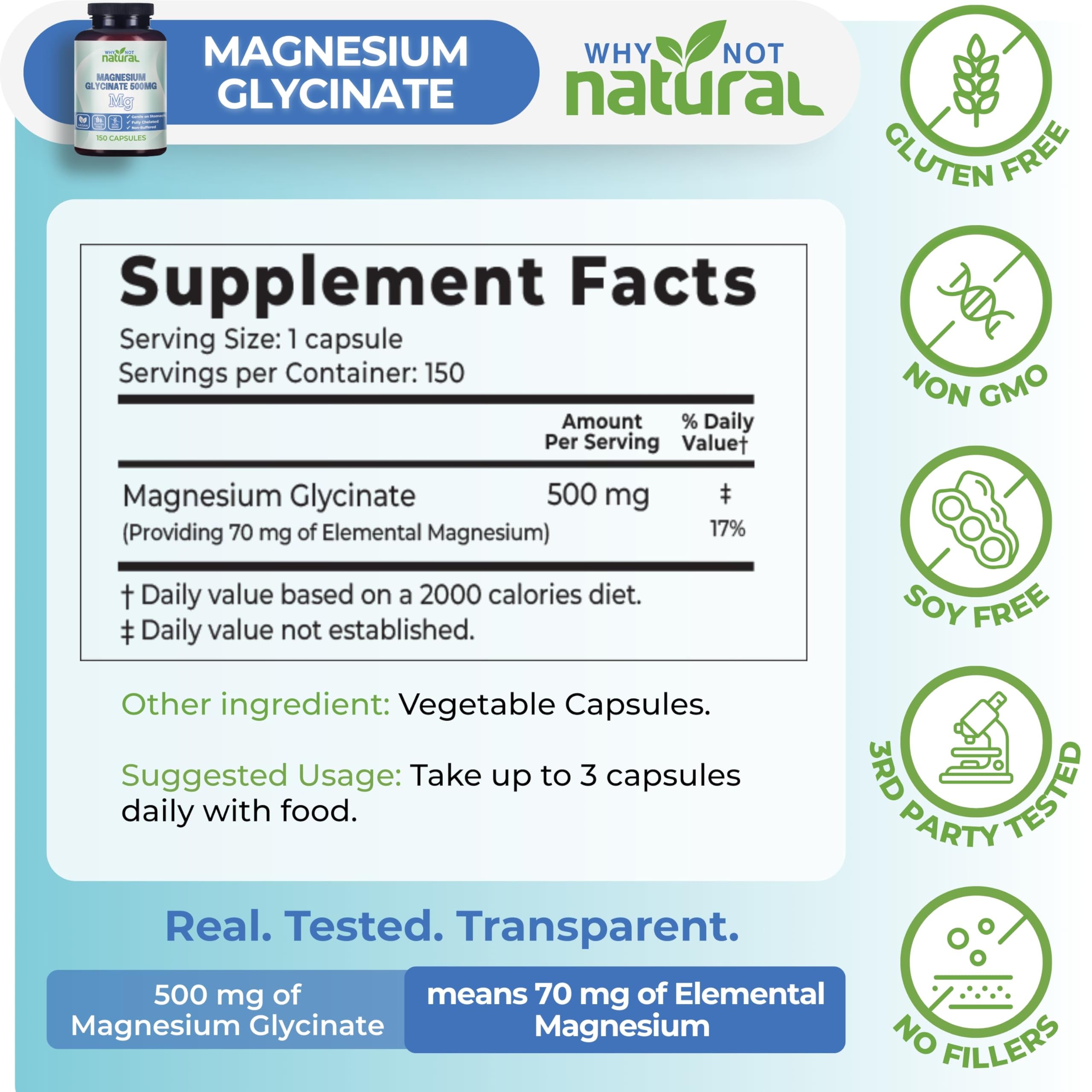 Why Not Natural Magnesium Glycinate 500 mg Capsules Supplement - Vegan, No Filler - Supports Sleep and Relaxation Why Not Natural Au supplements