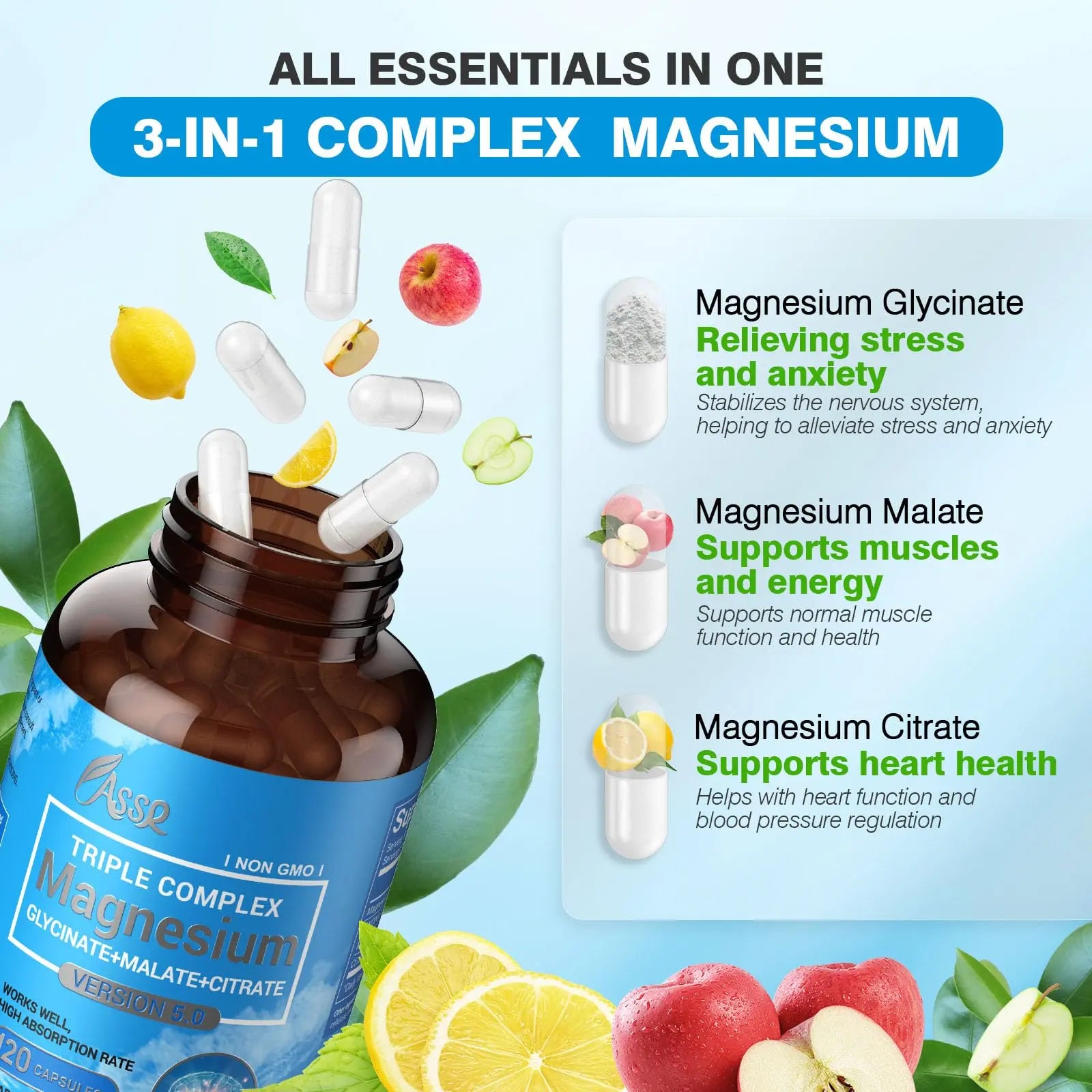 ASSR Triple Magnesium Complex – 300mg Magnesium Supplement with Glycinate, Malate & Citrate – Supports Relaxation, Muscle & Nerve Function – High Absorption, Vegan, Non-GMO, 120 Capsules ASSR Au supplements