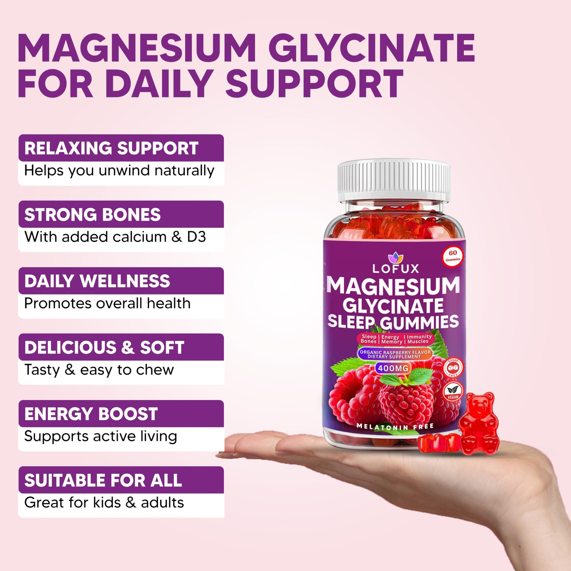 Lofux Magnesium Glycinate Gummies 400mg, Sugar Free Magnesium Gummies for Adults Women, Men, Chewable Supplement Gummy with L-Threonate, Vitamin D, B6, CoQ10 - for Calm, Sleep, Body Relaxation, 120 Ct Lofux Au supplements