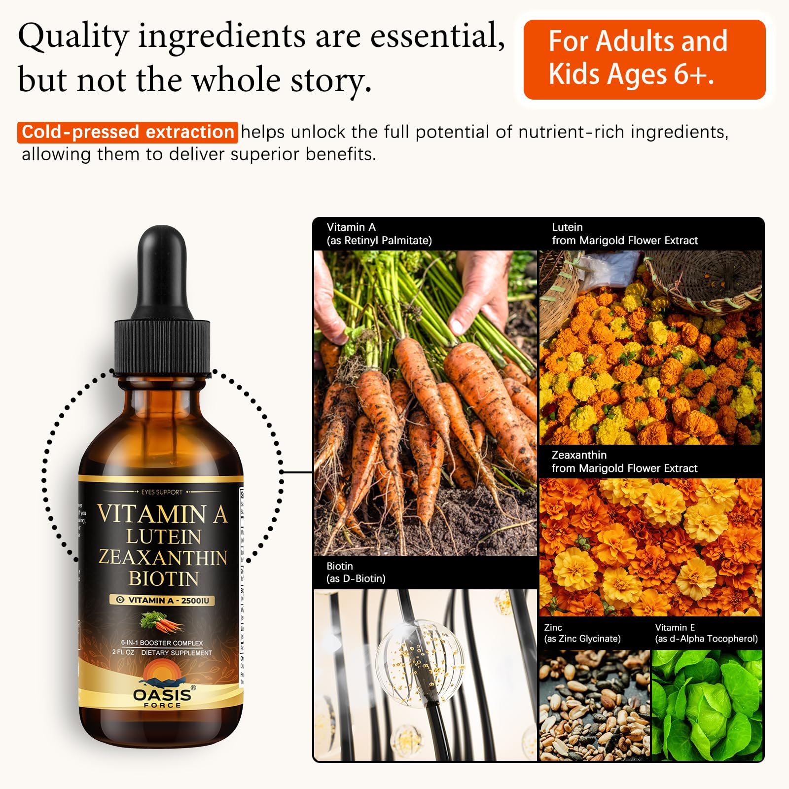 OASIS FORCE 6 in 1 Vitamin A Liquid Drops with Lutein & Zeaxanthin, Vita A Retinyl Palmitate for Skin, Vision & Immune Support, Adults & Kids Ages 6+, Vegan, Non-GMO, 2 Fl Oz OASIS FORCE Au supplements