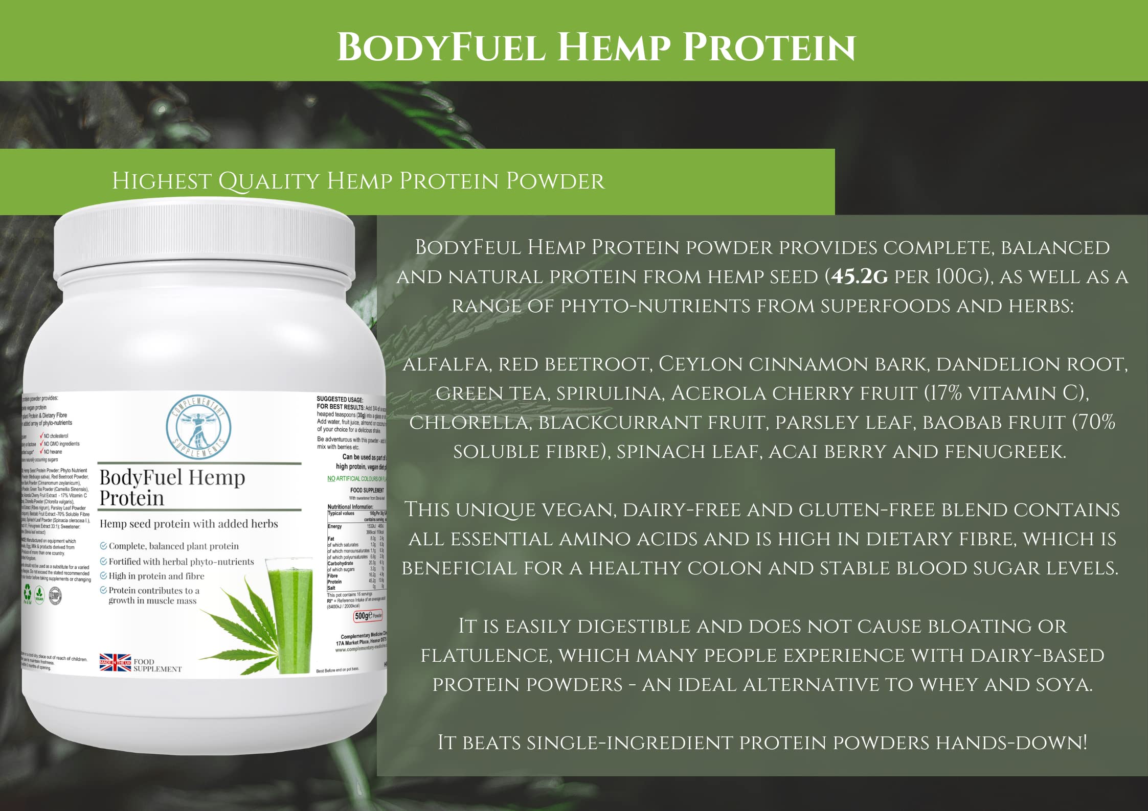 Complementary Supplements - BodyFuel Hemp Protein Powder Plus 14 Superfoods & Phytonutrients Complementary Supplements Au supplements