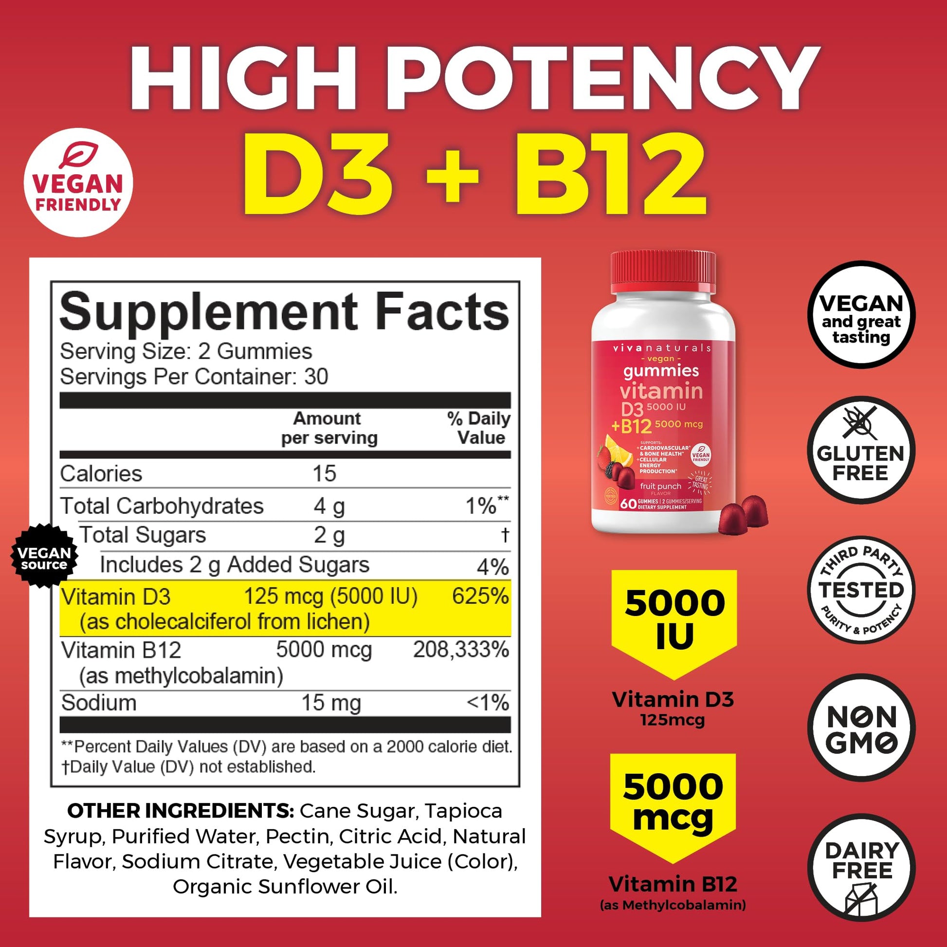 Viva Naturals Plant-Based B12 Gummies with Vitamin D3 - Chewable 5000mcg B12 Viva Naturals Au supplements