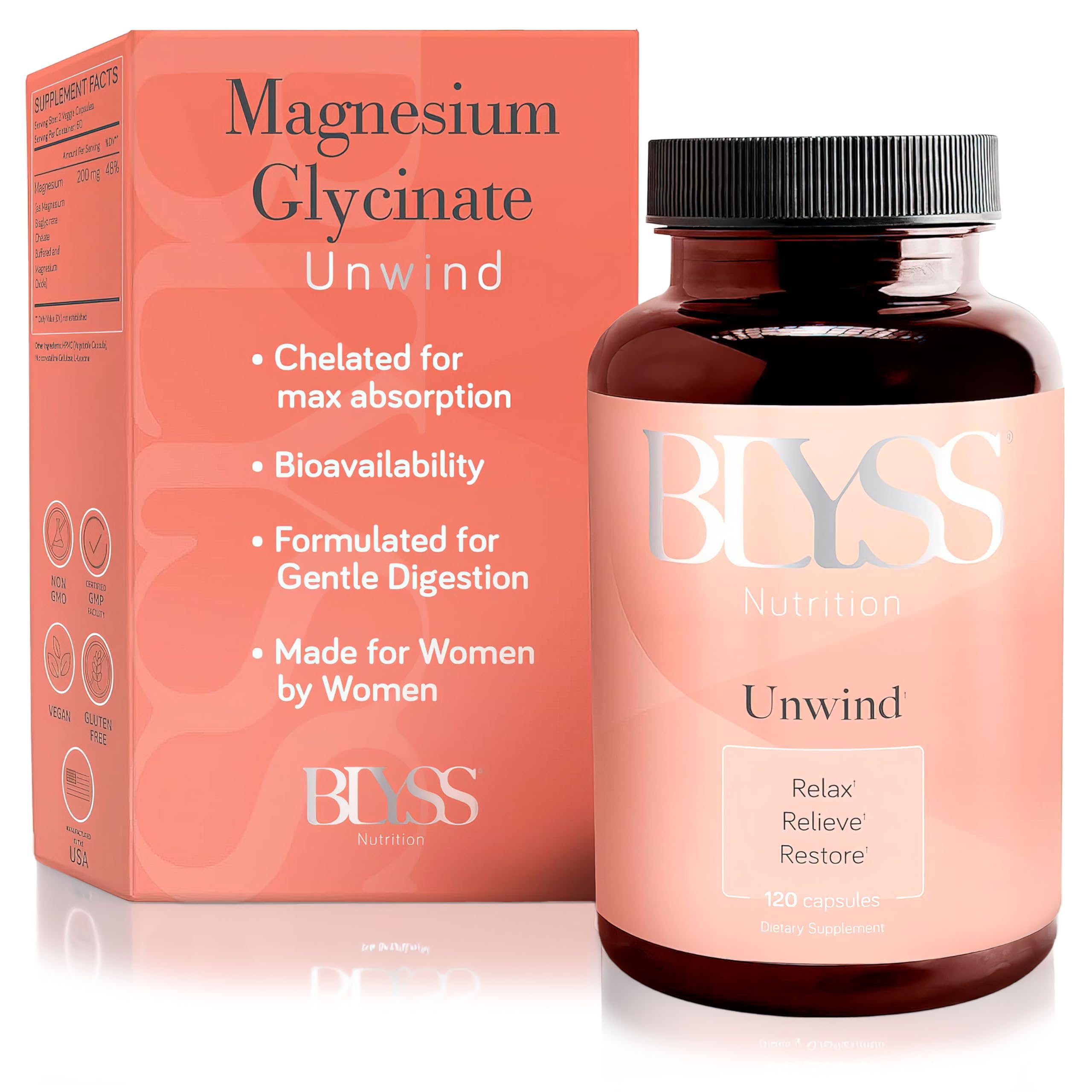 BLYSS Nutrition Magnesium Bisglycinate Capsules for Women - 200mg Chelated Glycinate Magnesium Supplement - Natural Supplements to Support Sleep, Mood Support & Muscle Cramps - 120 ct BLYSS Nutrition Au supplements