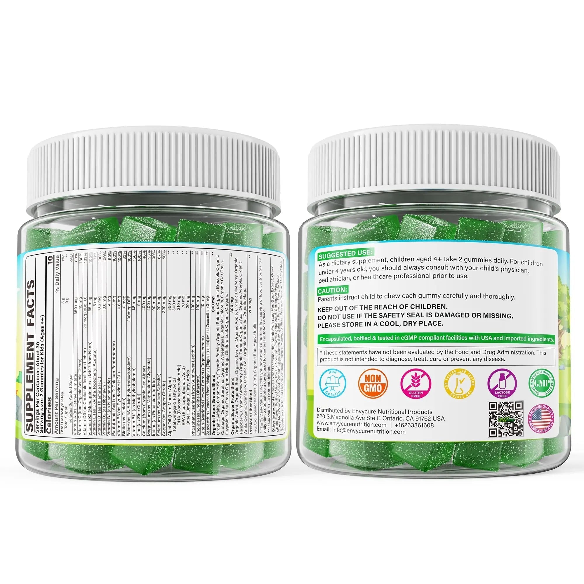 Kids Super Greens Gummies, w/Multivitamins, Spirulina, Chlorella, Spinach, Broccoli, Calcium, Omega-3 (DHA/EPA) EnvyCure Au supplements