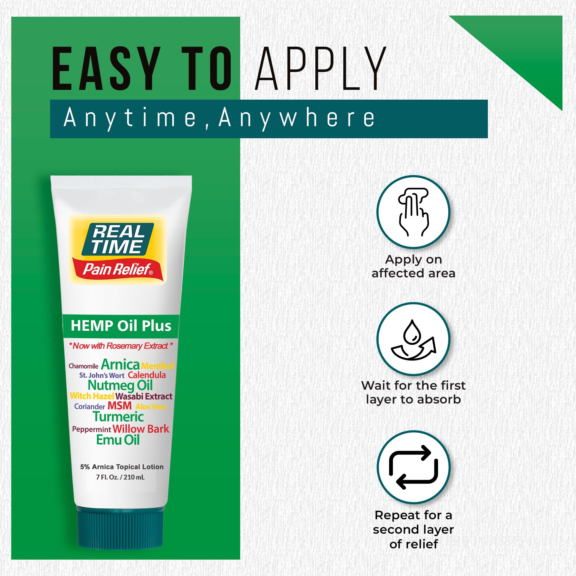Real Time Pain Relief Hemp Oil Plus 7 oz Tube | 20 Natural Ingredients: 5% Arnica, Turmeric & More | Fast-Absorbing Lotion for Muscles, Hands, Feet, Ankles, Back, Shoulders & Knees Real Time Pain Relief Au supplements