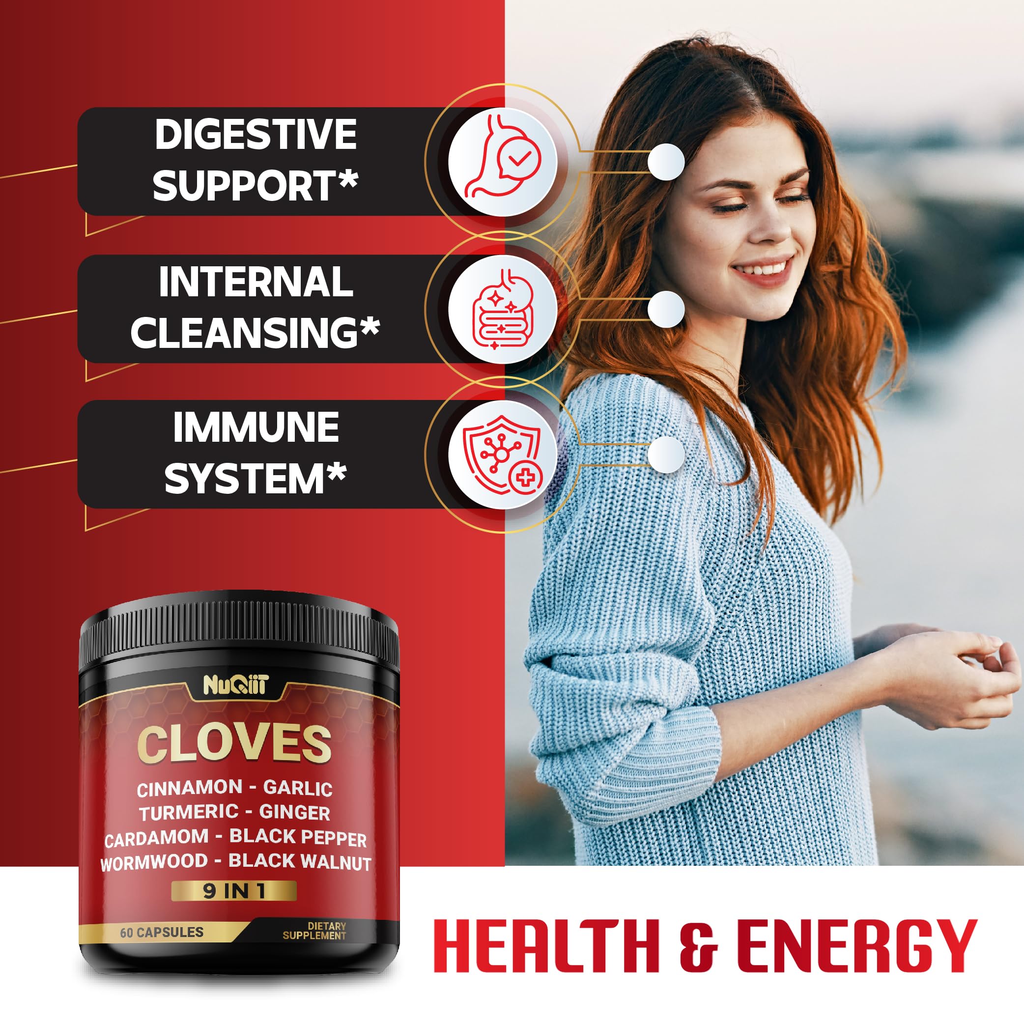 9in1 Clove Supplement Rich in Vitamins & Minerals for Digestive, Immune System, Bone & Heart Health with Cinnamon, Turmeric, Ginger, Cardamom, Garlic, Wormwood, Black Walnut - 60 Capsules - 30 Days NUQIIT Au supplements