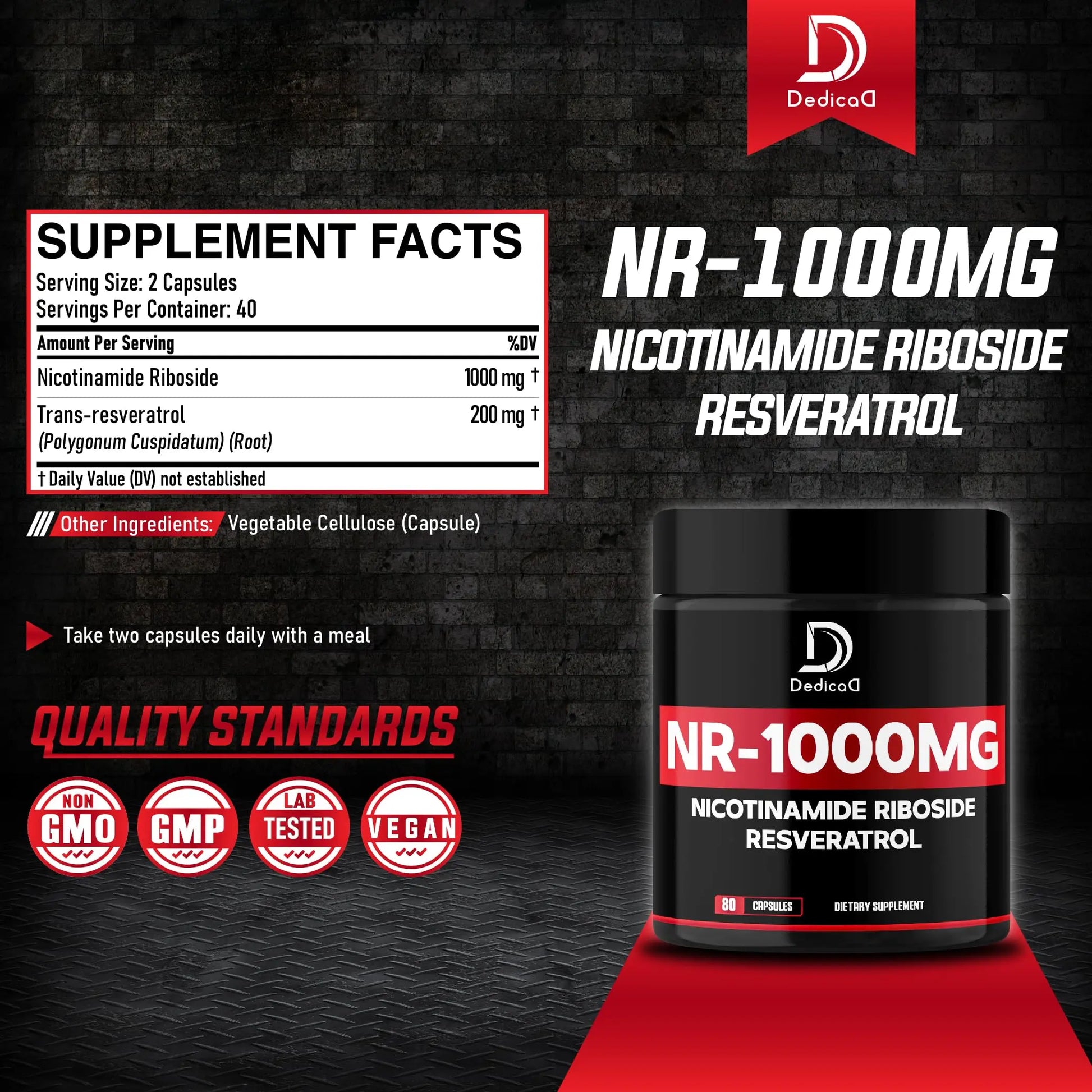 DEDICAD NAD Supplement with Nicotinamide Riboside and Trans Resveratrol - NR for Men & Women - 80 Capsules DEDICAD Au supplements