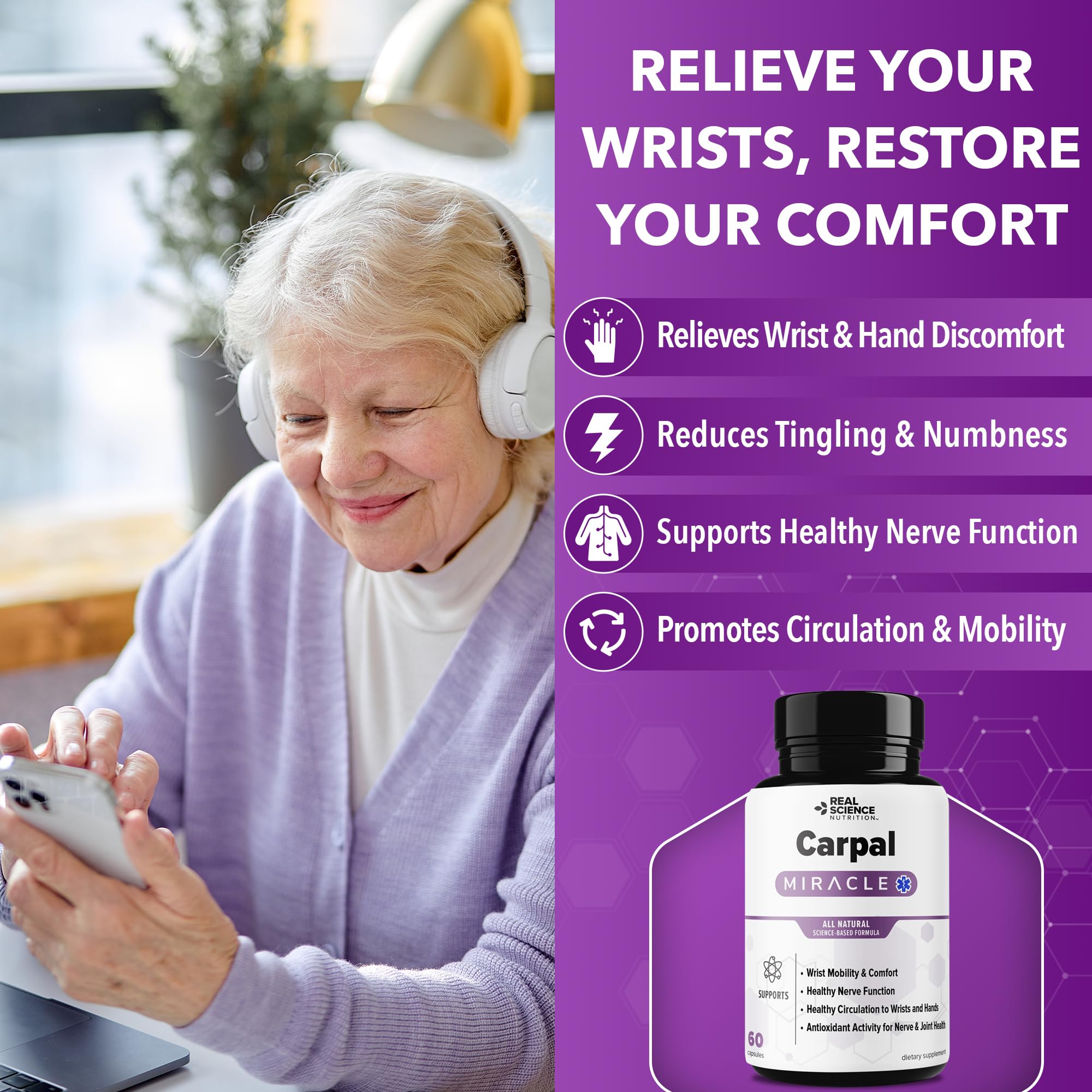 Real Science Carpal Miracle – All Natural Carpal Tunnel Relief & Wrist Support Supplement with Vitamins B6, B12, C, D, K + GABA – Hand & Nerve Comfort – Made in USA, 60 Caps Real Science Nutrition Au supplements