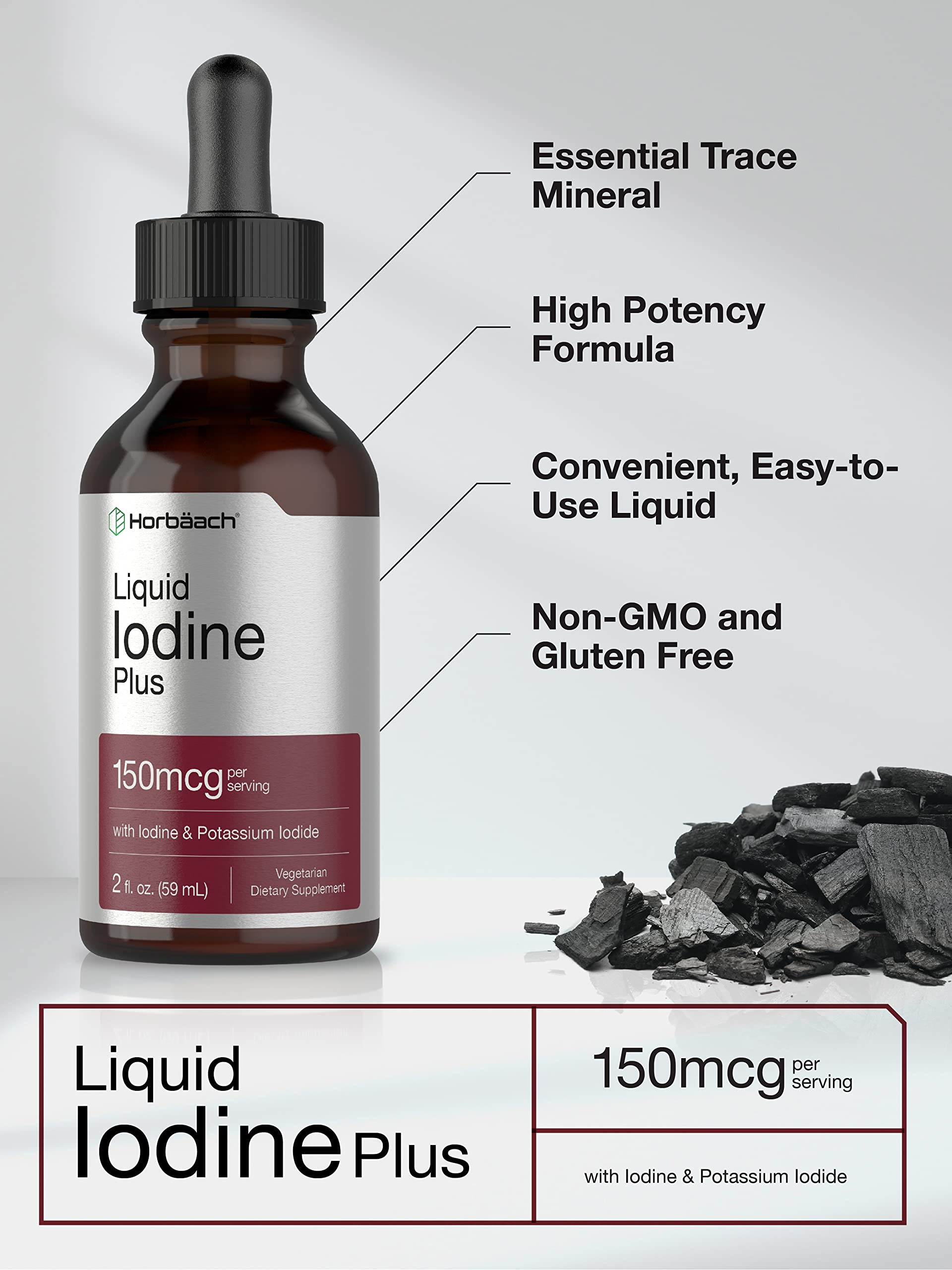 Liquid Iodine Solution Drops | 2 fl oz | 150 mcg | Iodine & Potassium Iodide Supplement Horbäach Au supplements