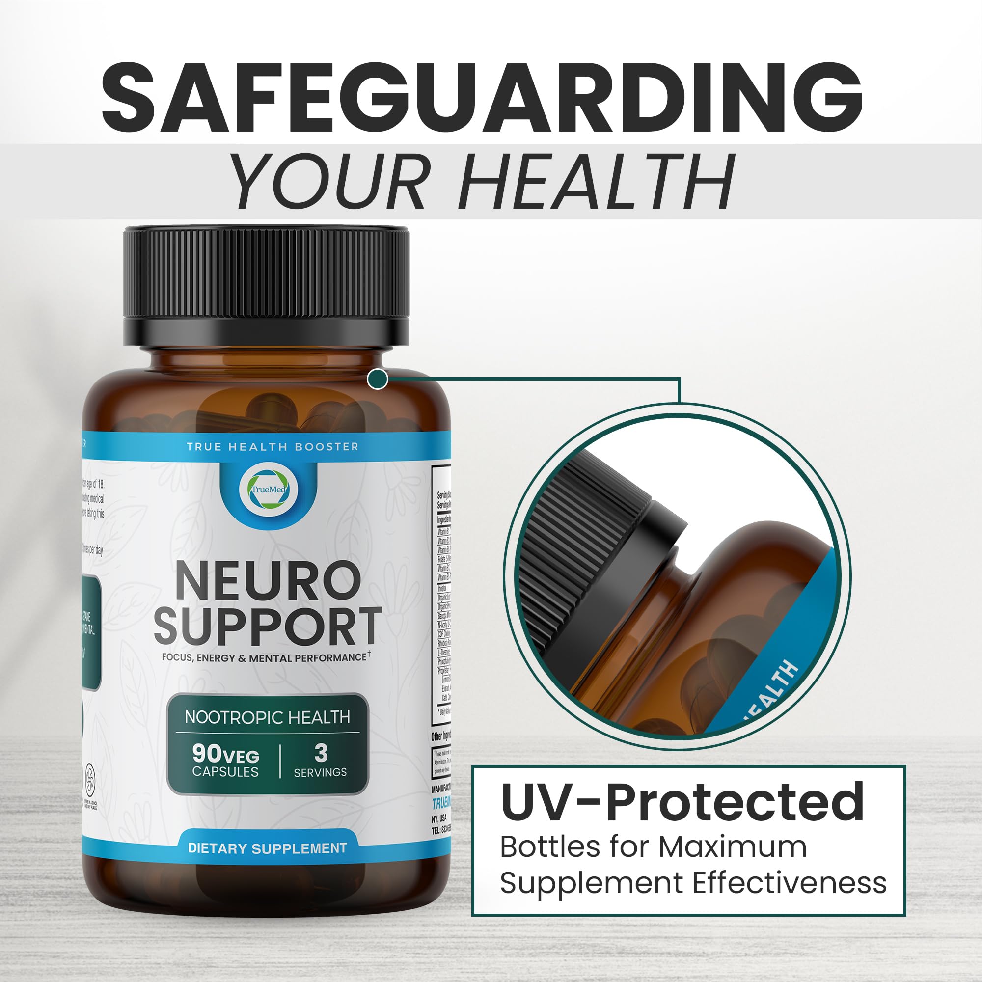 TrueMed Neuro Support - Premium Nootropic Supplement for Focus, Energy, Mental Clarity, and Performance Organic Lion’s Mane, Bacopa Monnieri, Rhodiola, Non-GMO Gluten-Free CDP Choline 90 Veg Capsules TRUEMED Au supplements