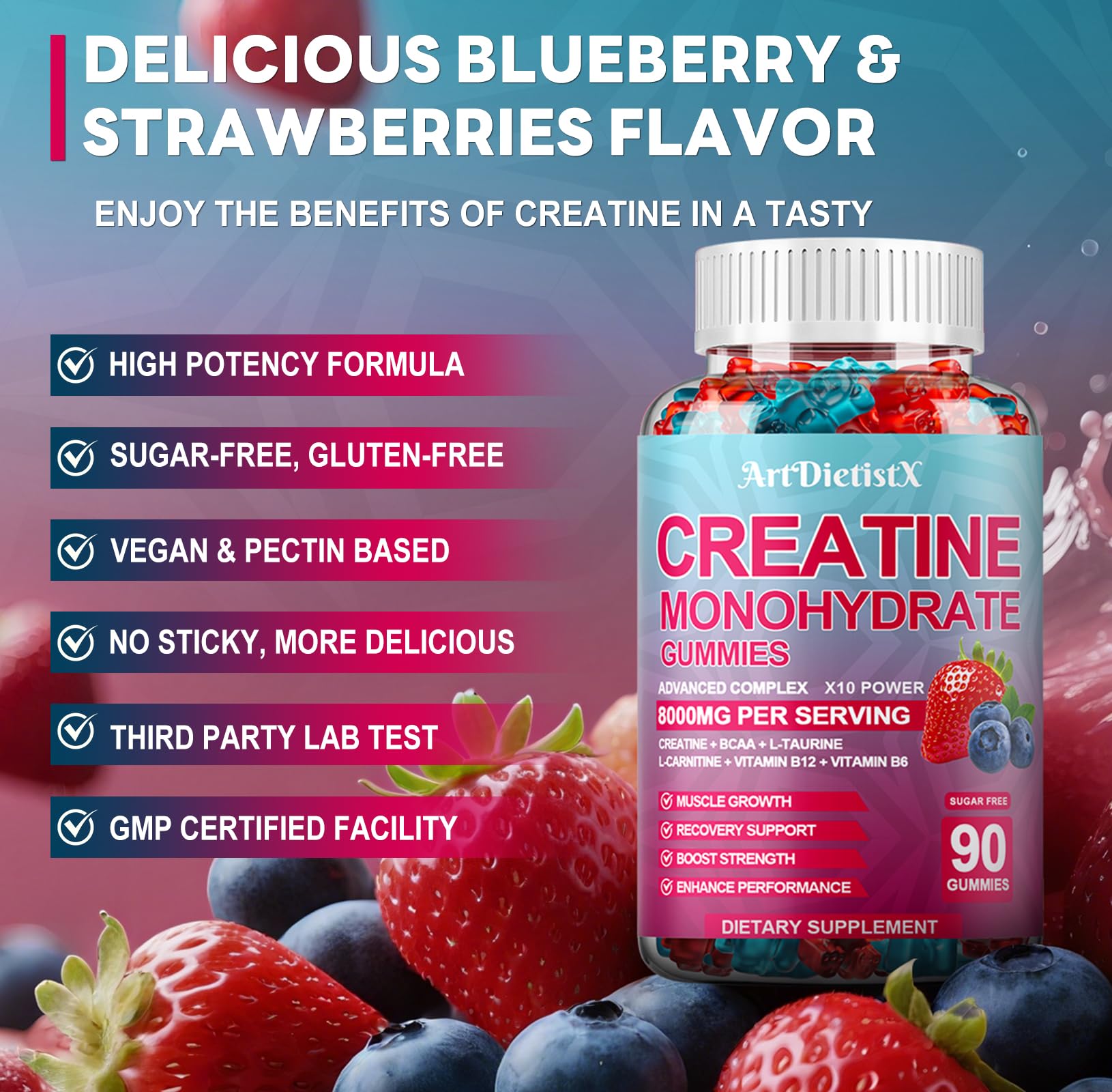 Creatine Monohydrate 8000mg Gummies with BCAA, L-Carnitine, Taurine & Vitamin B12 - Pre Workout Supplement for Muscle Growth, Strength & Energy, Multi-Flavor Chewable Gummies, 90 Count for Men & Women ArtDietistX Au supplements