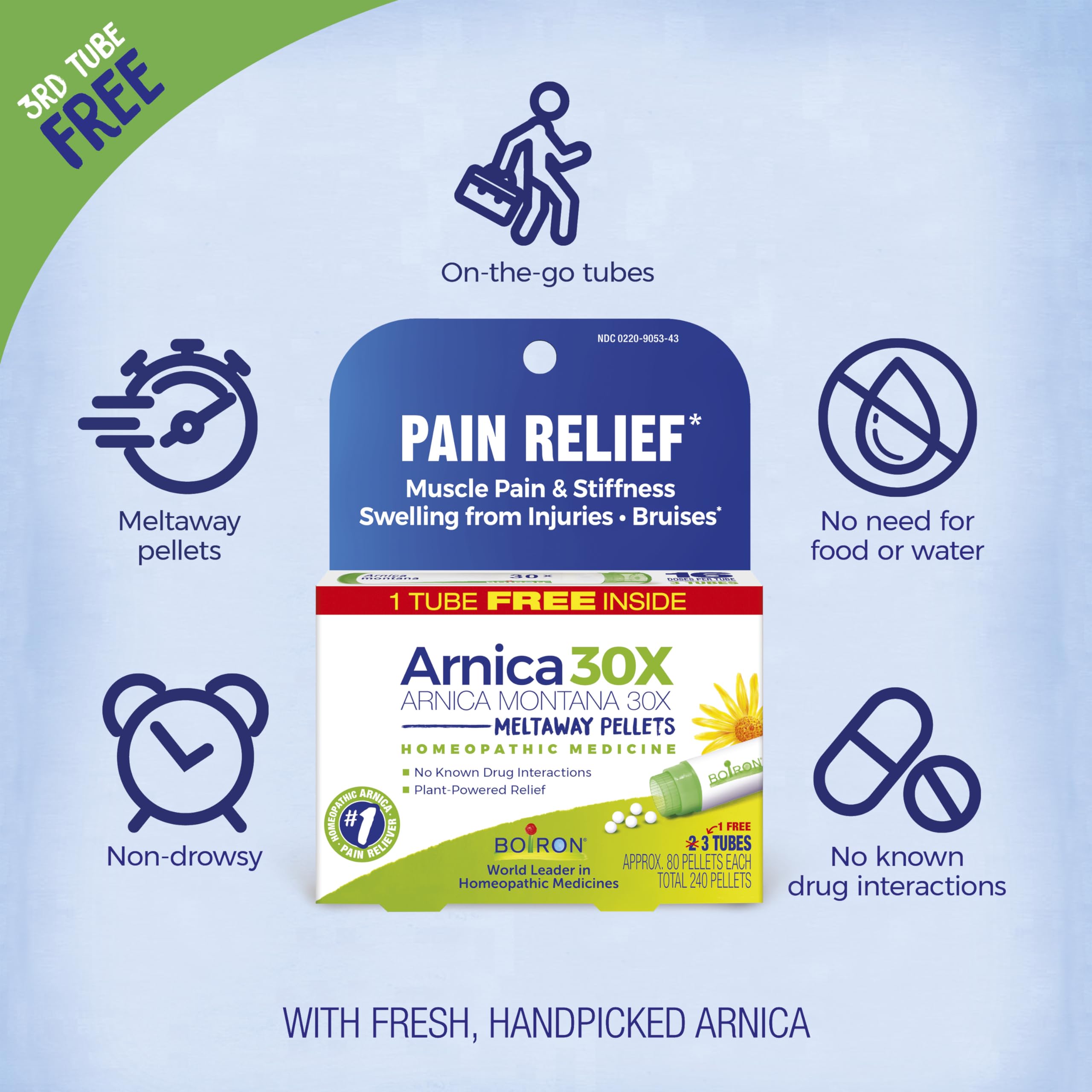 Boiron Arnica Montana 30X Homeopathic Medicine for Relief from Muscle Pain, Muscle Stiffness, Swelling from Injury, and Discoloration from Bruises - 3 Count (240 Pellets) Boiron Au supplements