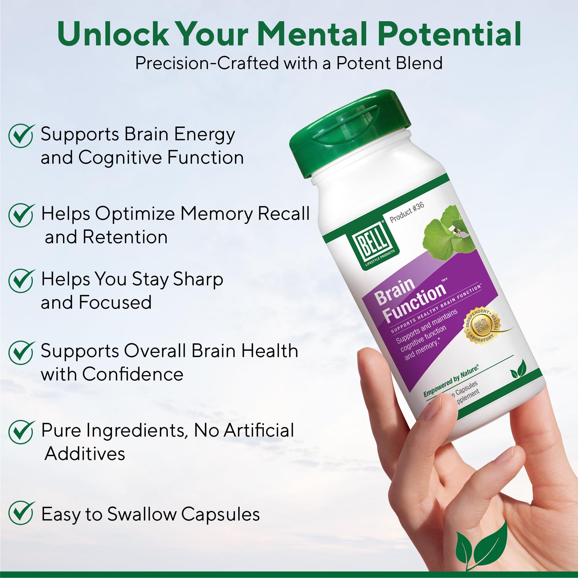 Bell Brain Function Lifestyle, Supports Cognitive Health with Ginkgo, Vitamin B12, Folate - 60 Vegetarian Capsules Bell Au supplements