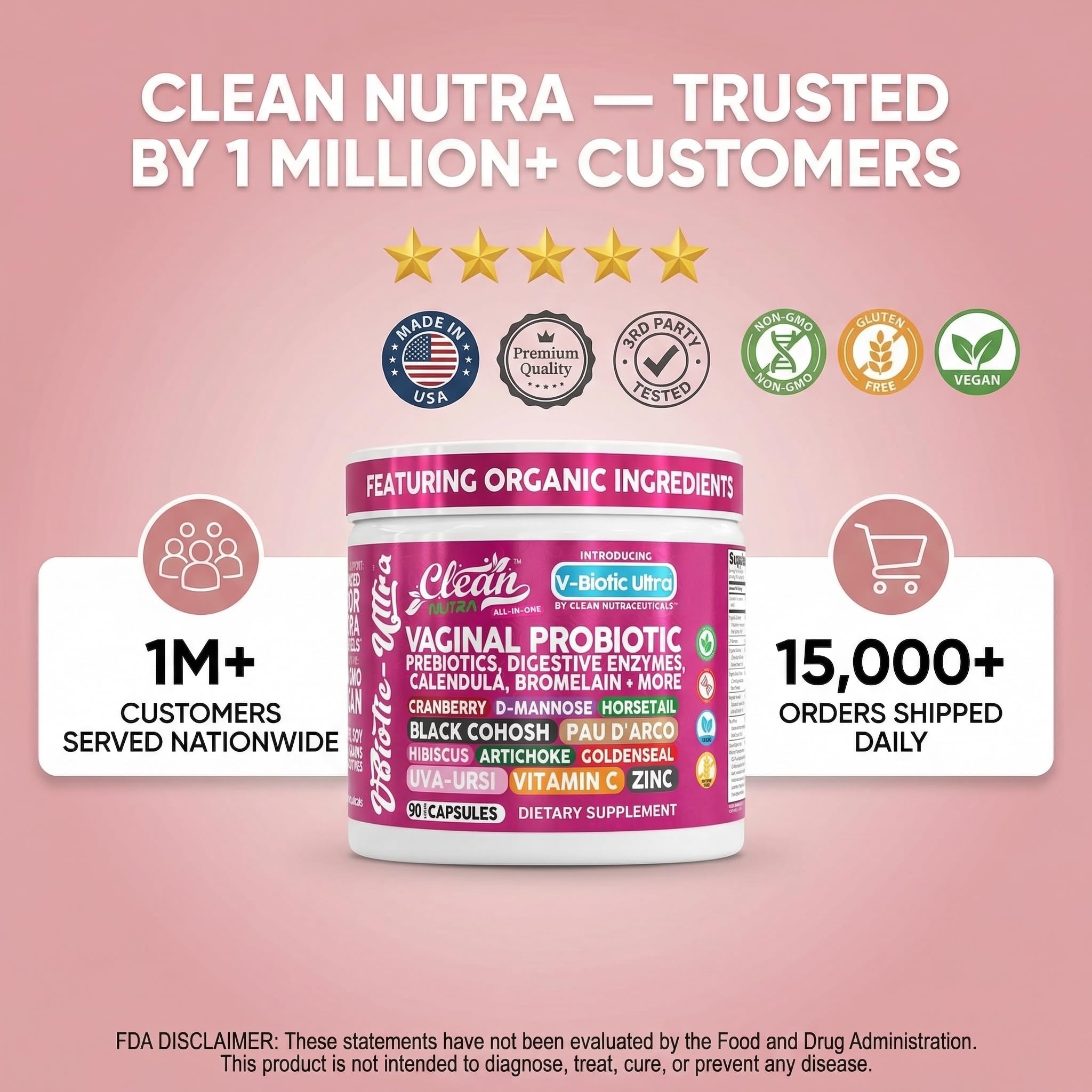 Clean Nutra Vaginal Probiotics for Women + Prebiotics Digestive Enzymes Bromelain Cranberry D Mannose Horsetail Black Cohosh Artichoke Hibiscus Flowers Probiotic for Digestive Health 90 Vegan Capsules Clean Nutraceuticals Au supplements