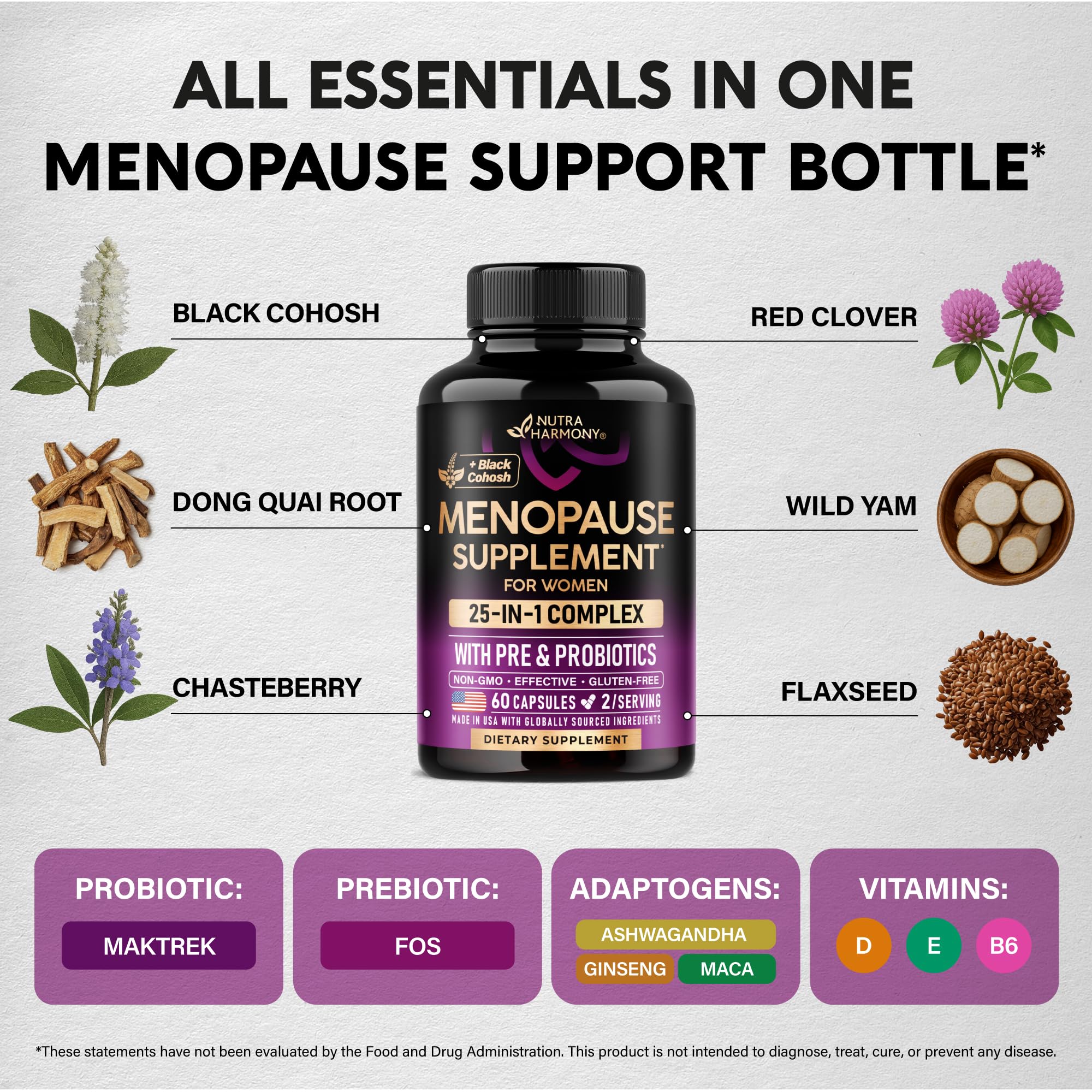 Menopause Supplements for Women - Dong Quai, Black Cohosh, Pre & Probiotics - Sweats & Hot Flashes Relief - Digestion, Sleep & Mood Support - 25-in-1 Perimenopause Complex - Made in USA - 60 Capsules NUTRAHARMONY Au supplements